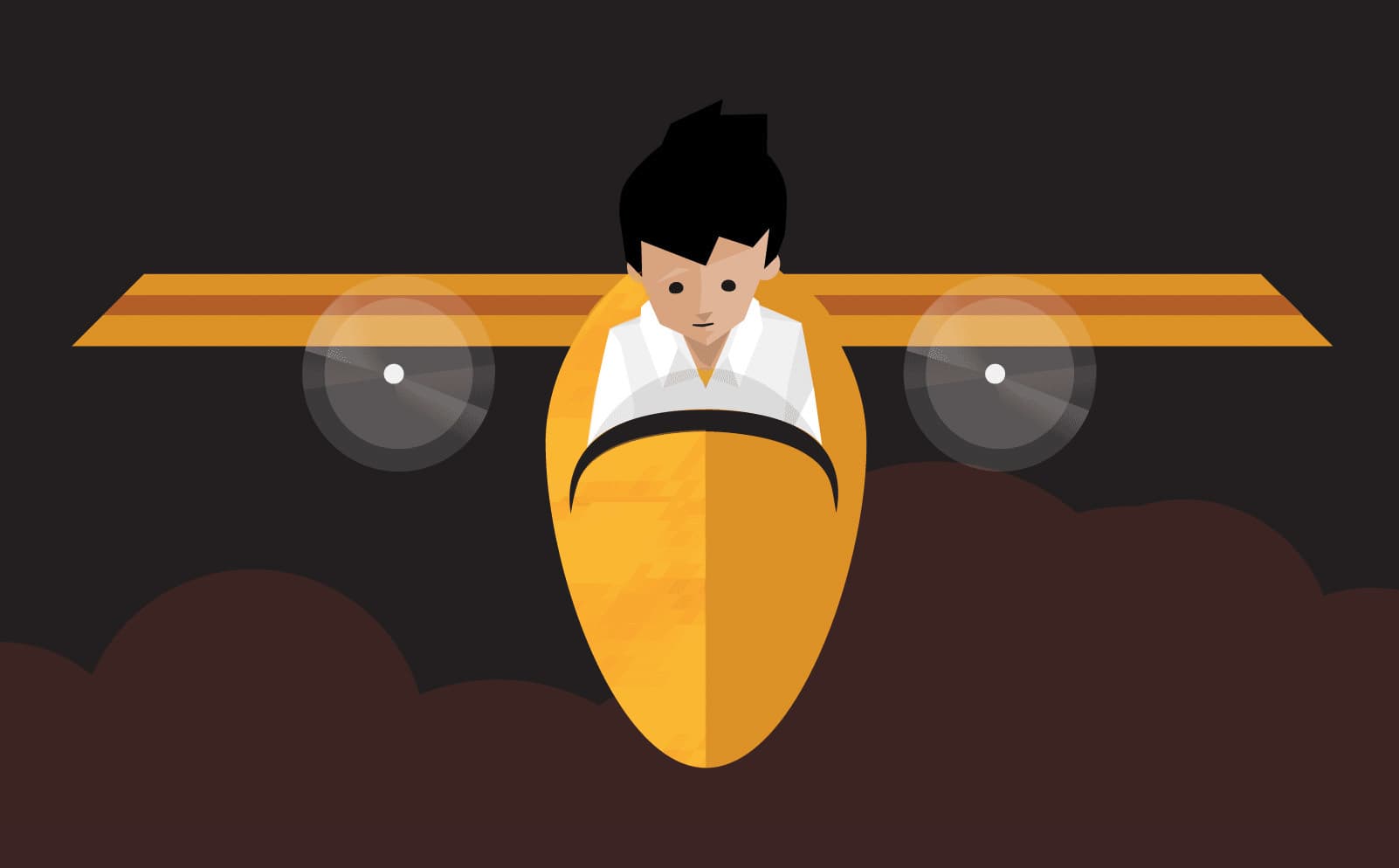 Illustration of a person with black hair and a white shirt flying a yellow airplane with two propellers. The background is dark, with clouds below the plane. The person is looking forward, gripping the controls of the aircraft.