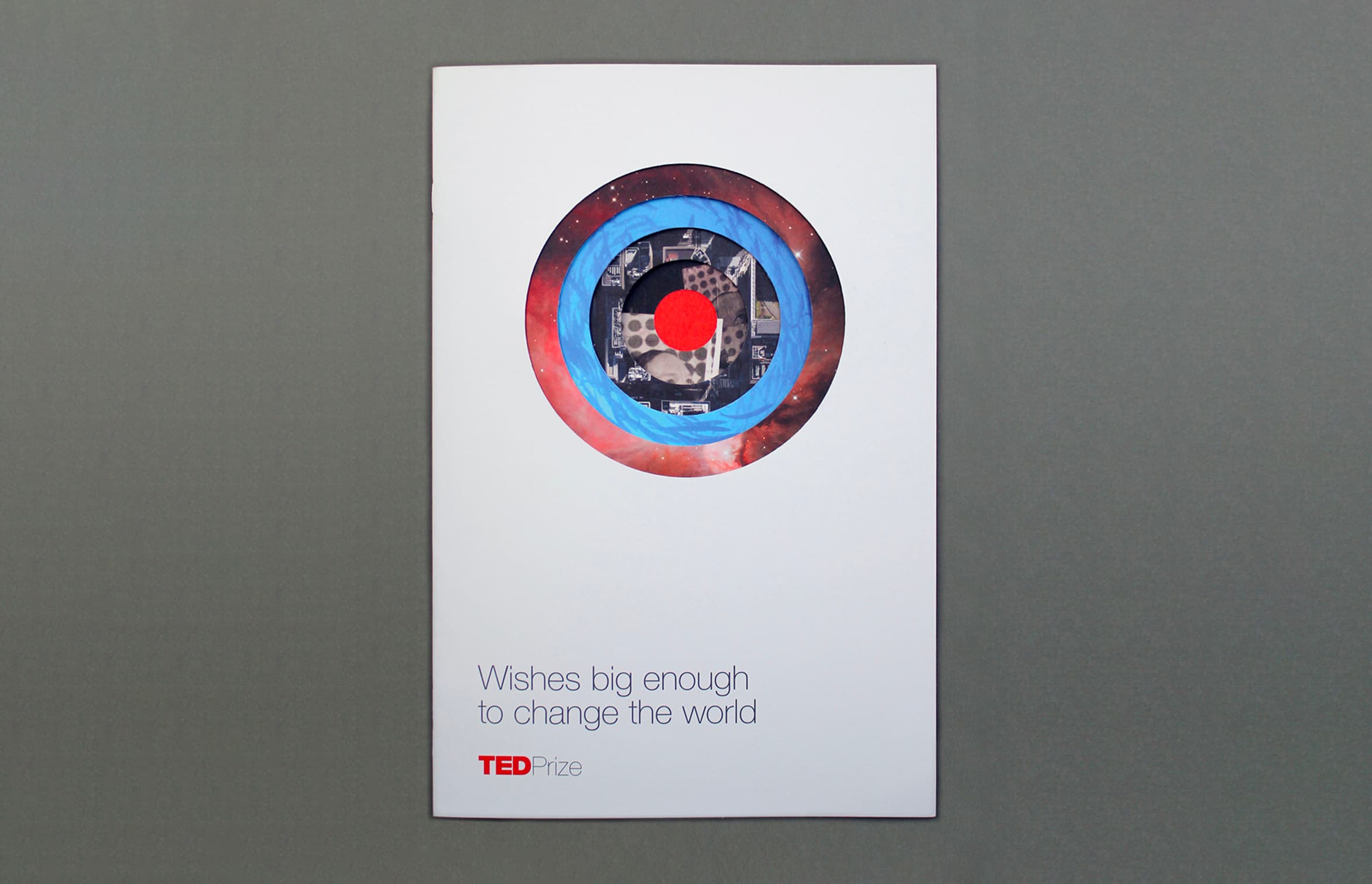 An image of a TED Prize booklet with a white cover. The cover features a circular design with images of space, a cityscape, and abstract shapes. The text reads "Wishes big enough to change the world" followed by the TED Prize logo at the bottom.