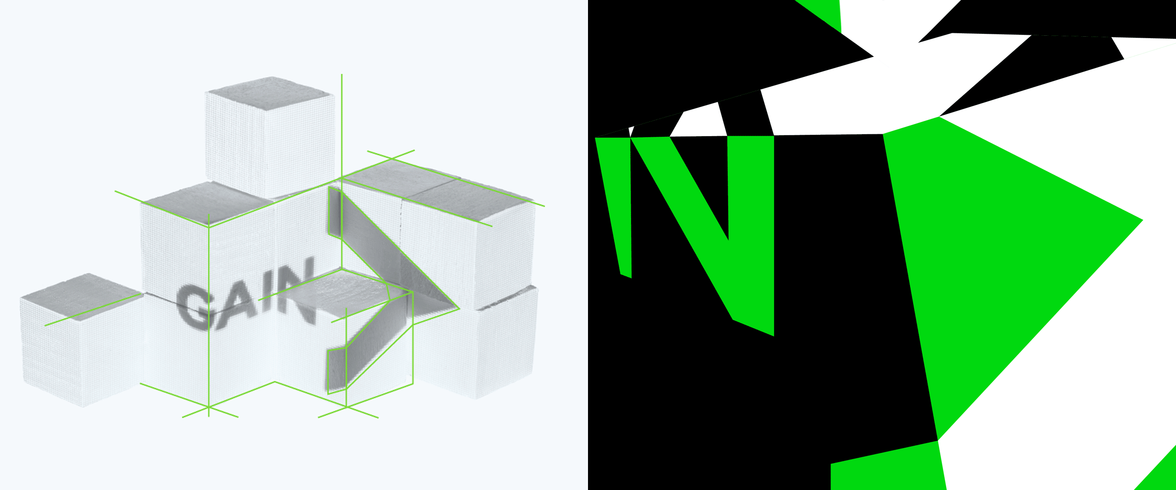 The image is split into two sections. The left side features white cubes arranged with outlined green lines, some displaying the word "GAIN." The right side is an abstract design with bold shapes in black, white, and green colors.