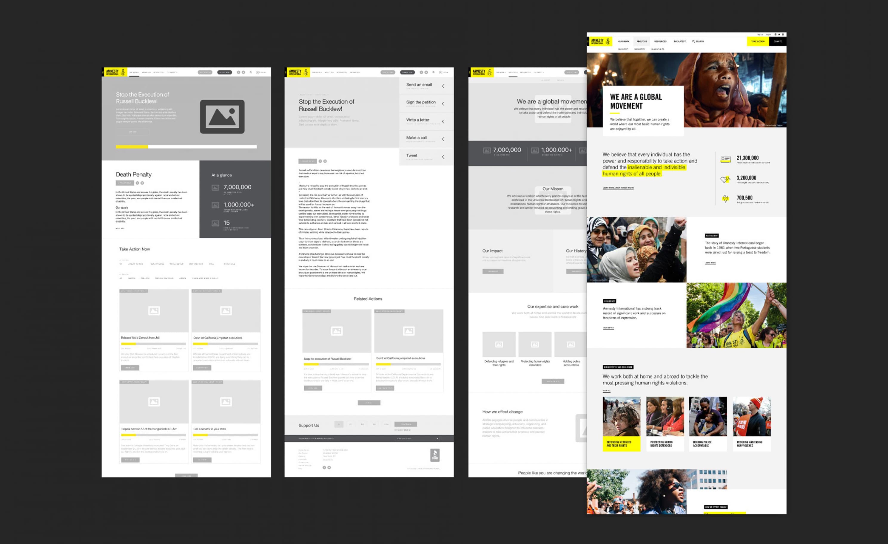 A side-by-side comparison of four webpage designs showcasing a campaign against the death penalty. The designs include images, text sections, statistics, and call-to-action buttons. The fourth design has vibrant images of diverse individuals and protest scenes.