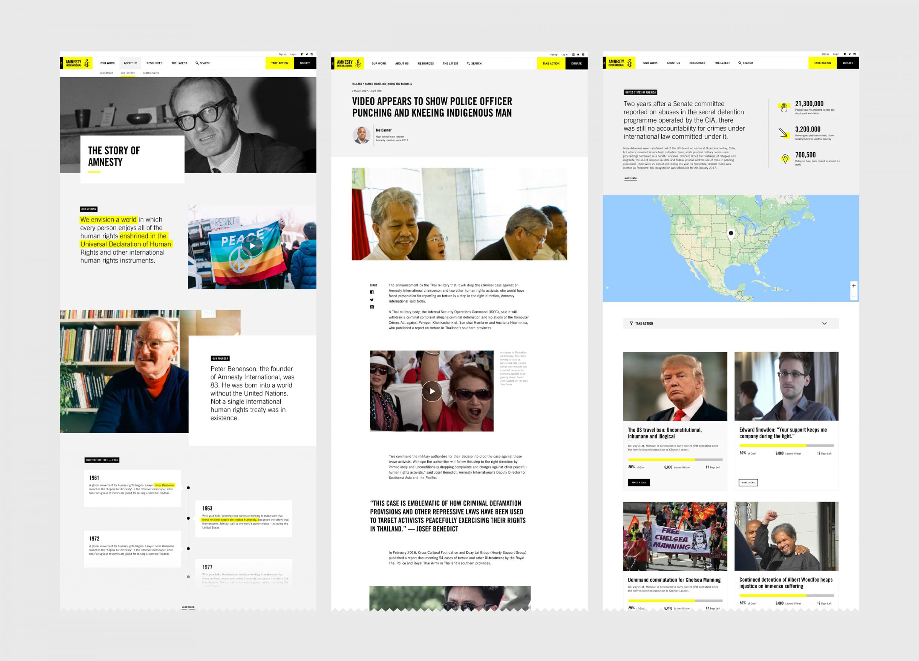 A three-column website layout of Amnesty International featuring various articles and updates. The left column highlights the story of Amnesty and founder Peter Benenson. The middle column covers a news story about a Syrian police officer, and the right column displays news updates and a world map.