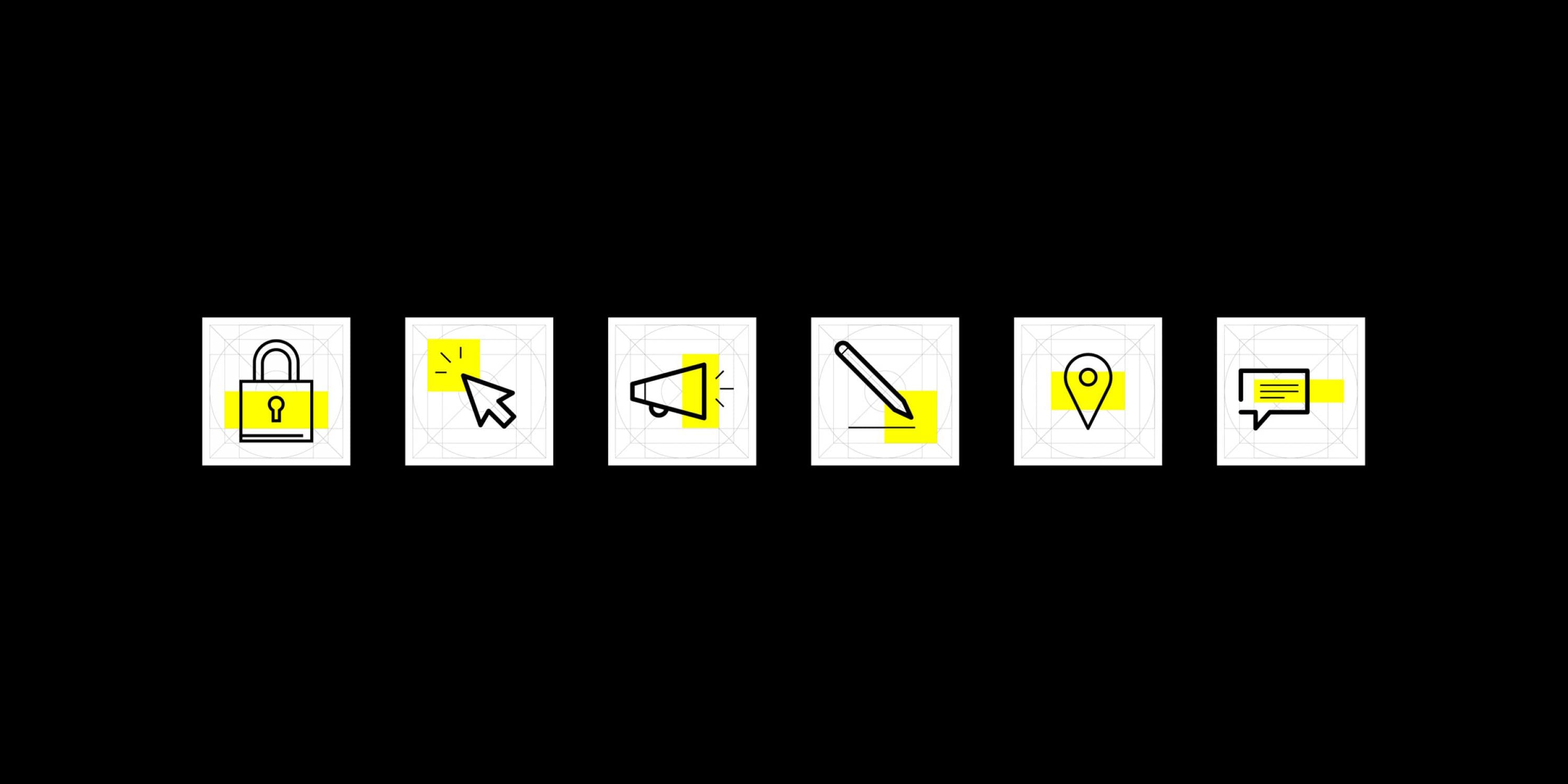 Six icons on a black background, each in a white square with yellow highlights. Icons include a padlock, a cursor, a megaphone, a pencil, a location pin, and a notepad. They depict security, interaction, announcement, drawing, location, and notes respectively.