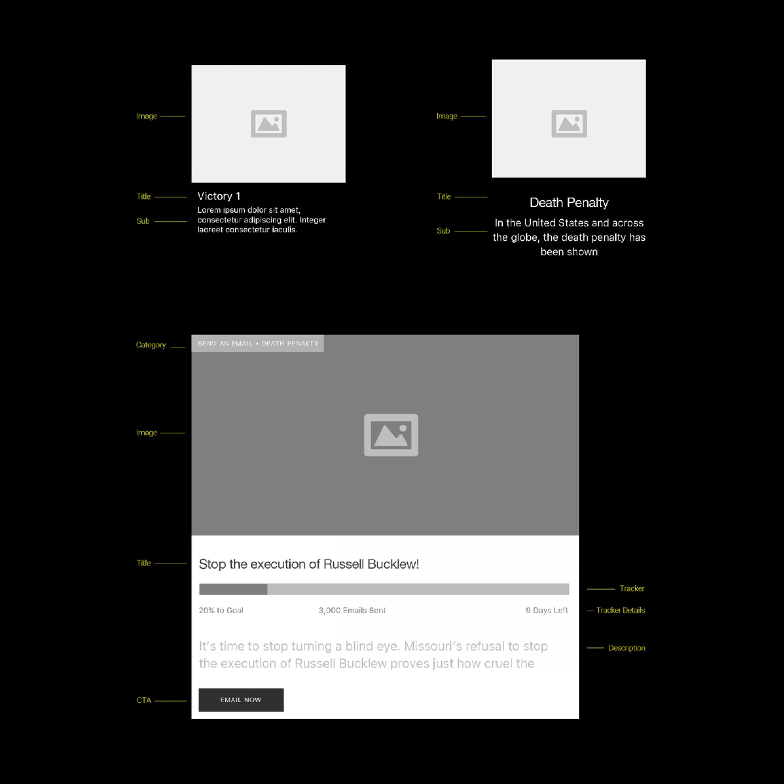 A webpage mockup showing two articles. On the left, a section titled "Victory 1" with placeholder text and an image. On the right, a "Death Penalty" section discussing its impact. Below, a campaign titled "Stop the execution of Russell Bucklew!" with progress and CTA button.