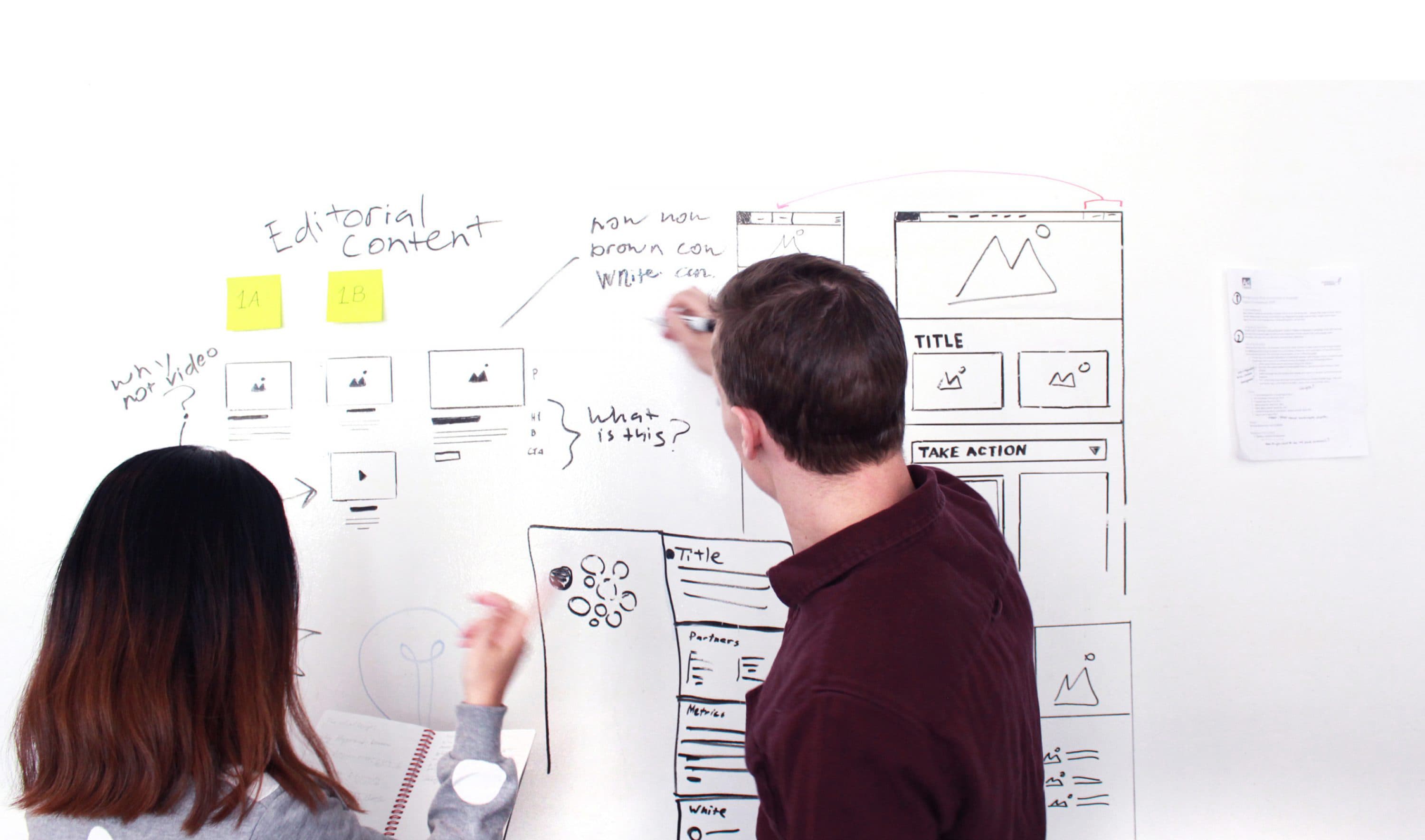 Two people are collaborating at a whiteboard covered with diagrams, notes, and sketches of web page layouts. The person on the right is pointing to a section of the whiteboard while the person on the left, holding a notebook, looks on. Post-it notes are also visible.