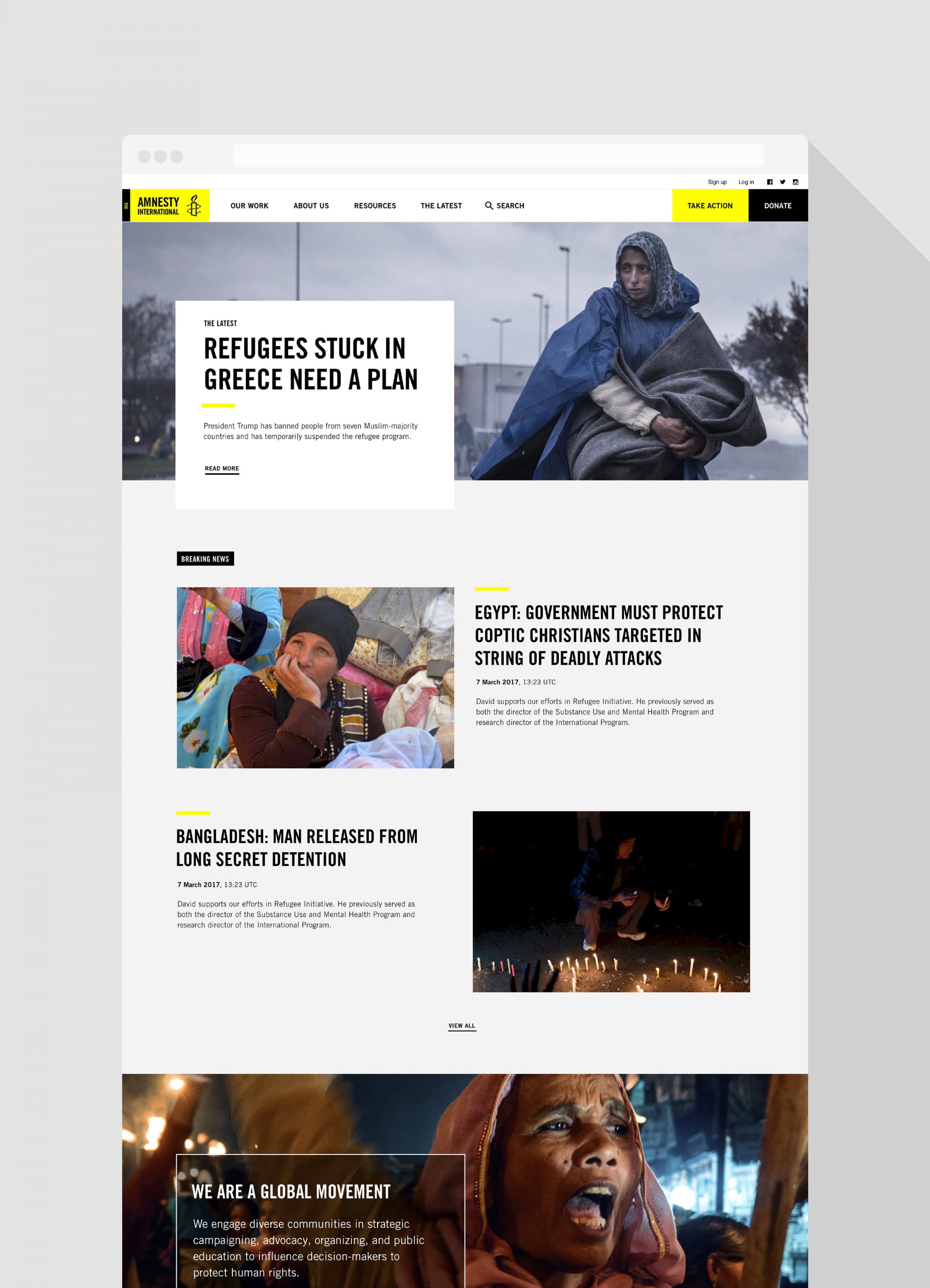 A webpage from Amnesty International's website. The main headline reads, "REFUGEES STUCK IN GREECE NEED A PLAN" with an image of a person wrapped in blankets. Below are sections titled, "EGYPT: Government Must Protect Coptic Christians" and "BANGLADESH: Man Released from Long Secret Detention.