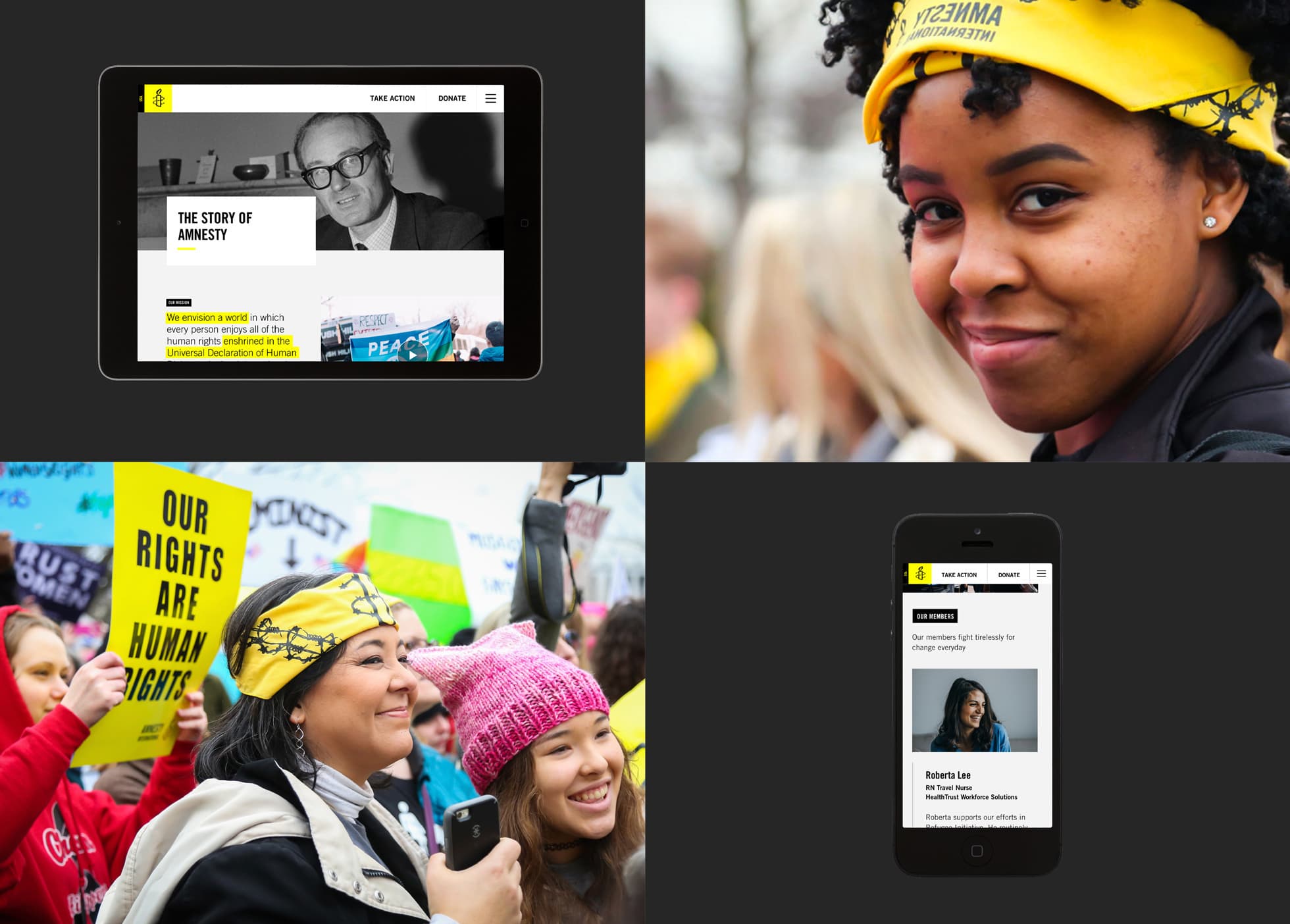 A collage featuring four images: a tablet with a story about "Amnesty," a woman wearing a yellow headband, protesters with signs stating "Our Rights Are Human Rights," and a smartphone displaying a page titled "Take Action." Amnesty International branding is present.