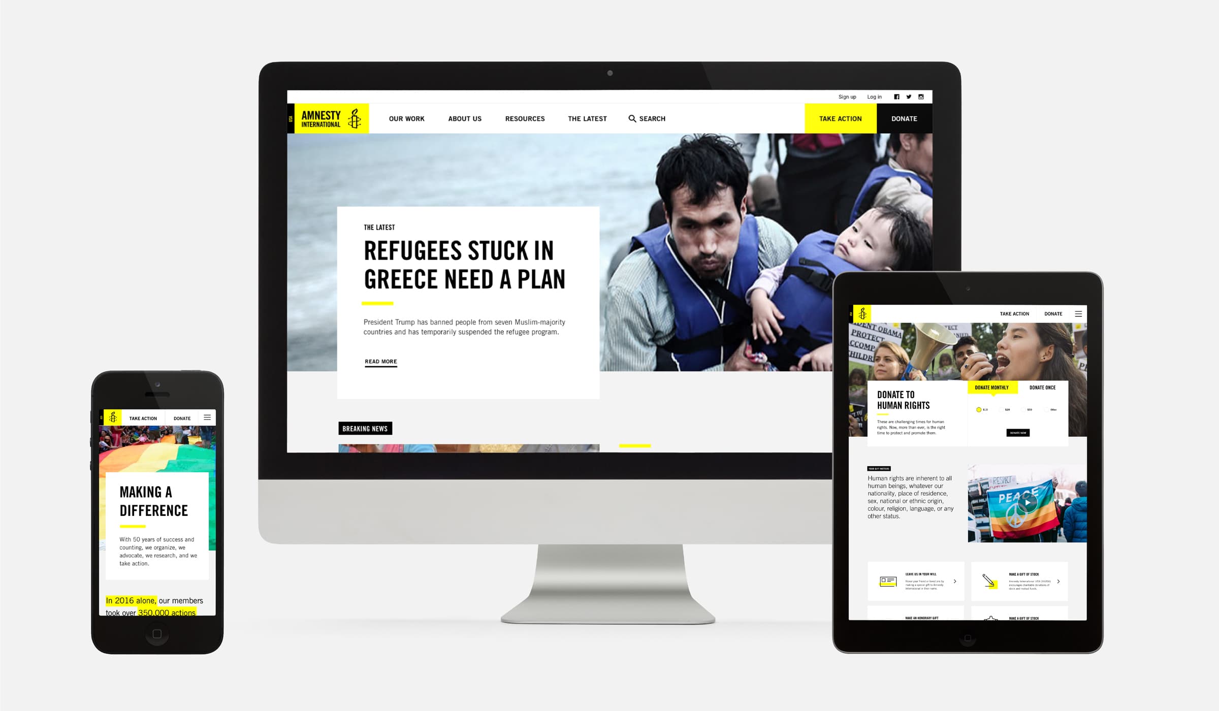 A desktop computer, tablet, and smartphone display the Amnesty International website, highlighting a feature article titled "Refugees Stuck in Greece Need a Plan." The site features sections on their work, human rights, and options for donating and taking action.