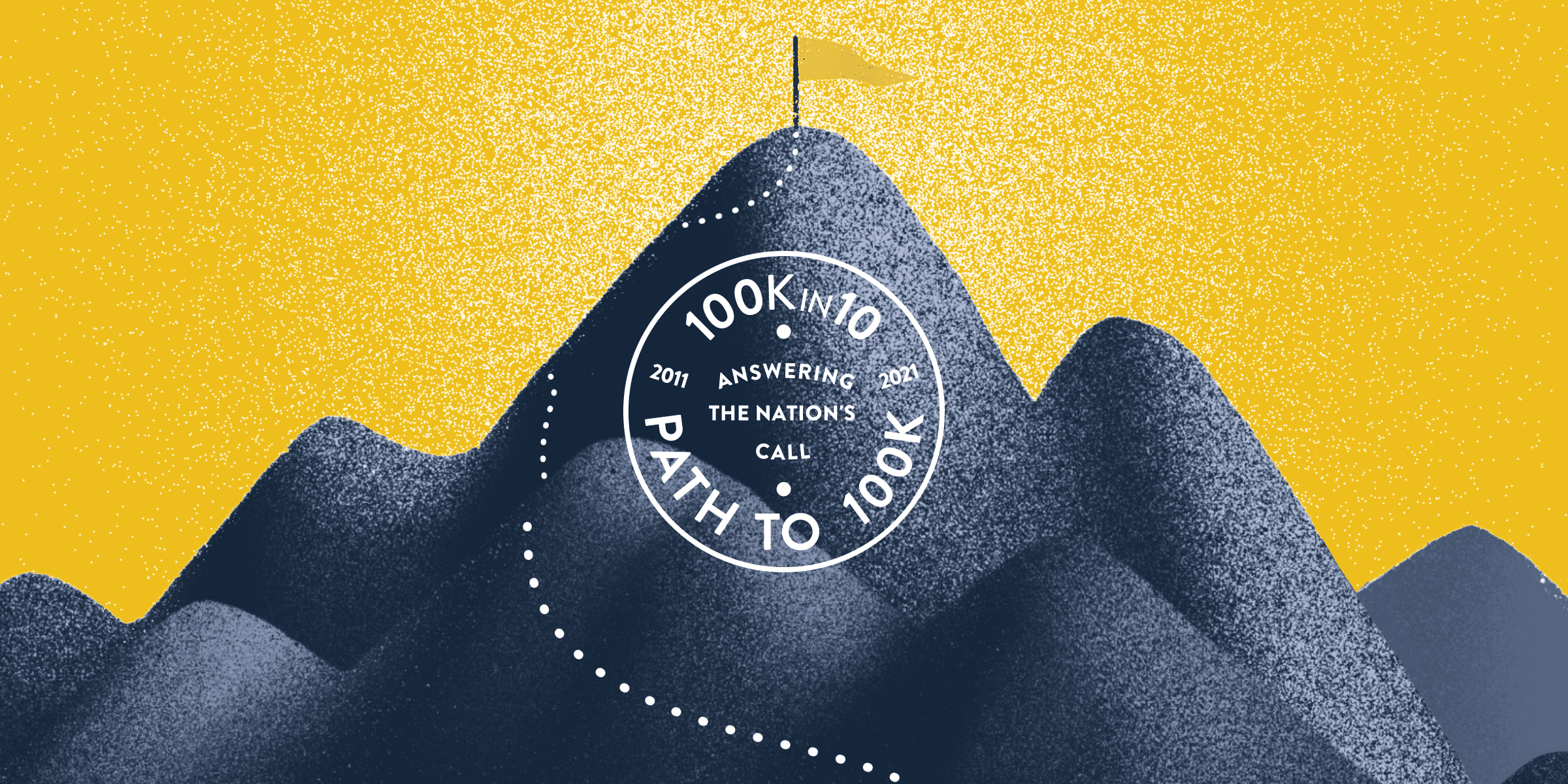 Illustration of a mountain range with a path leading to a flag on the peak. The central peak features a circular emblem that reads, "100K in 10, Answering the Nation's Call, 2011-2021, Path to 100K." The background is a bright yellow sky.