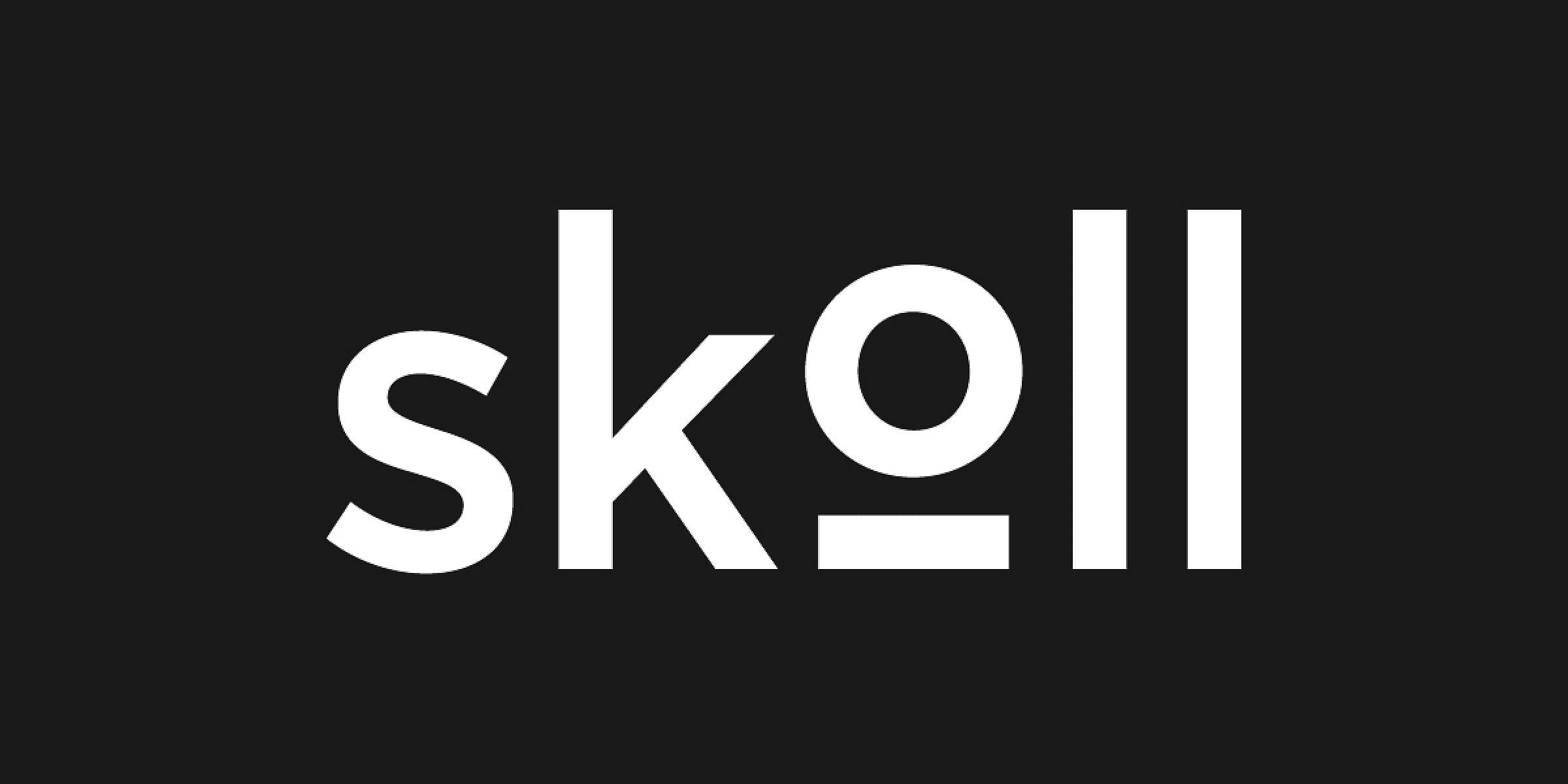 A black background features the word "skoll" written in bold, white lowercase letters. The second "l" is designed as an upright line with an underline, creating a unique, stylized look.