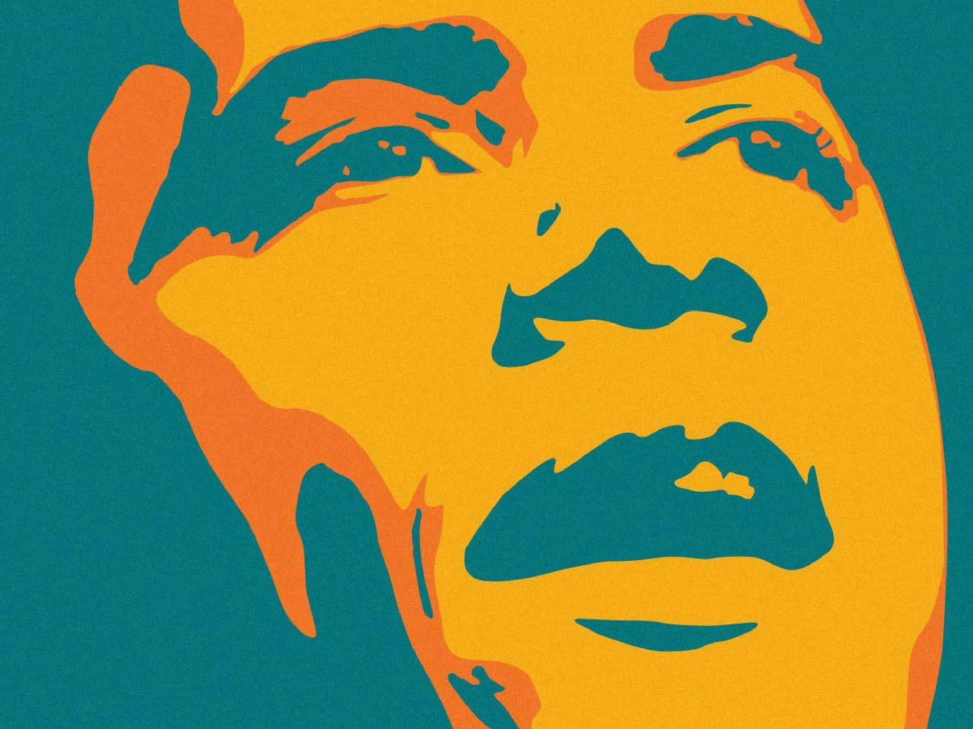 A digitally illustrated portrait featuring a stylized face in bold colors. The artwork uses a combination of bright orange and dark blue against a turquoise background to create a striking contrast and expressive demeanor.
