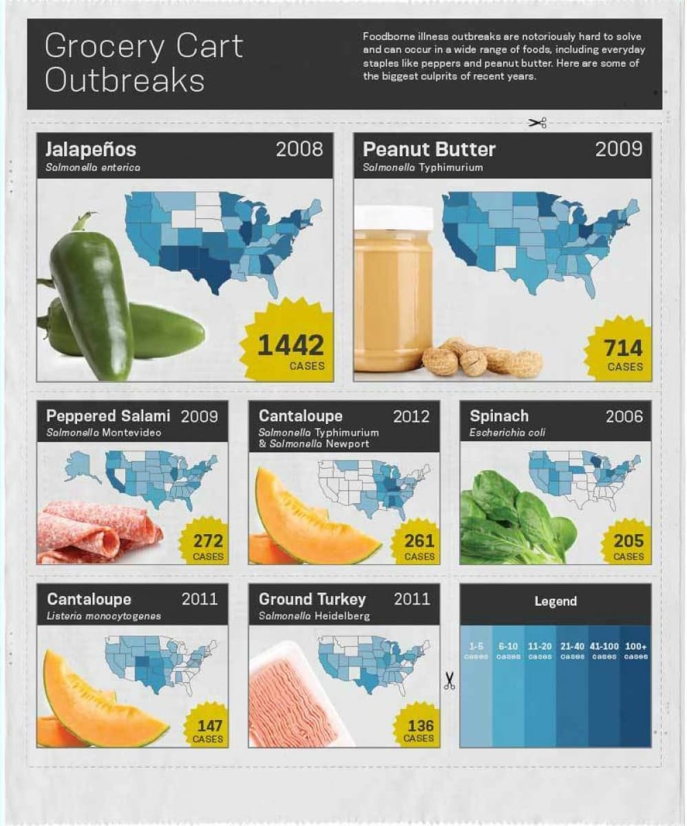 An infographic titled "Grocery Cart Outbreaks" displays various foodborne illness outbreaks in the US. It shows affected regions, years, case numbers, and foods: jalapeños (2008), peanut butter (2009), peppered salami (2010), spinach (2012), cantaloupe (2011, 2012), and ground turkey (2011).