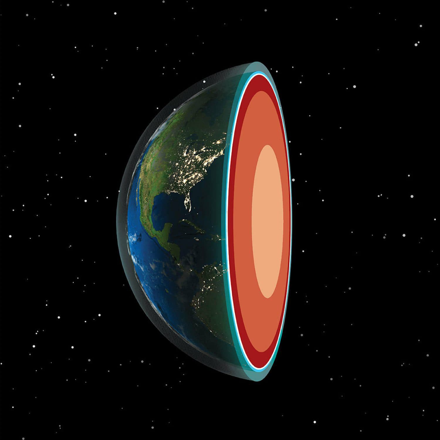 A digital illustration showing a cutaway cross-section of the Earth, revealing the inner layers. The image depicts the outer crust, mantle, outer core, and inner core, set against a starry black space background. The surface details include continents and city lights.