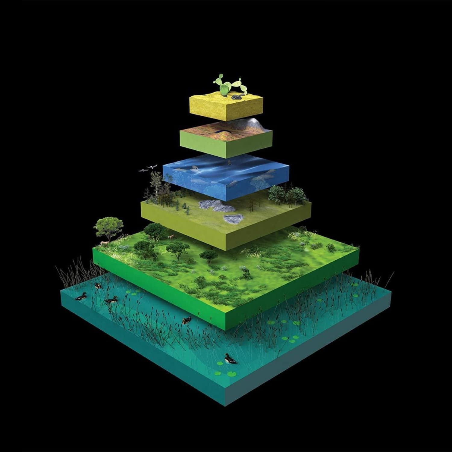 An illustration of a multi-layered environmental pyramid floating against a black background. Each layer represents different ecosystems, from aquatic at the bottom, wetlands, forests, mountains, and the topmost layer symbolizing molecular elements.