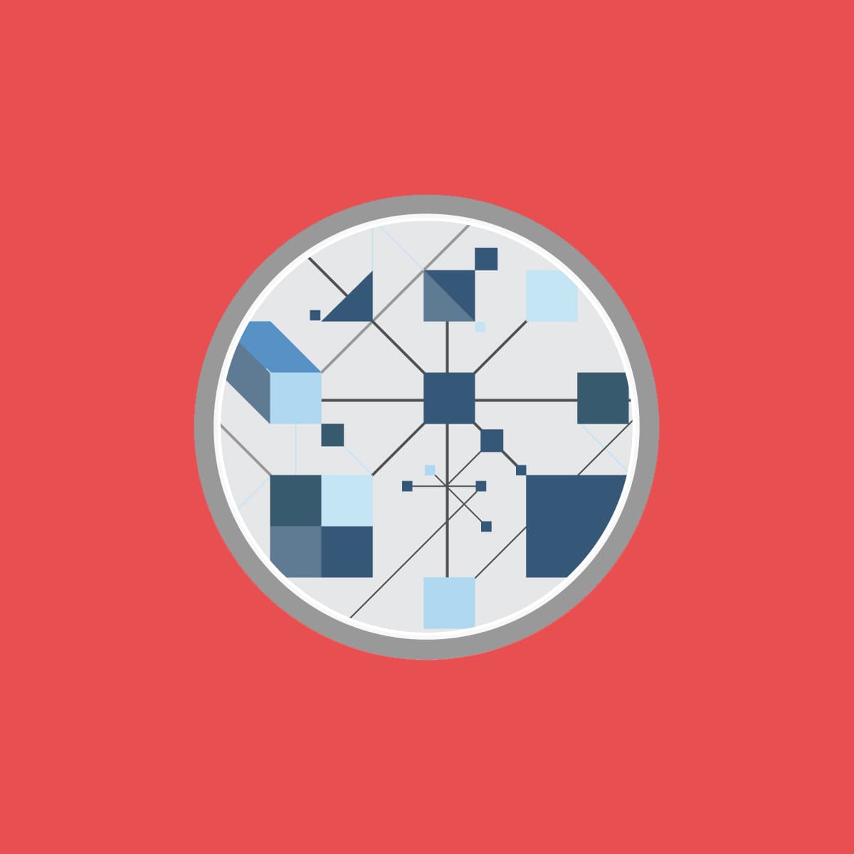 A circular diagram with interconnected blue and grey geometric shapes on a white background. The circular graphic is set against a red square backdrop. Lines connect the shapes, resembling a network or circuit design.