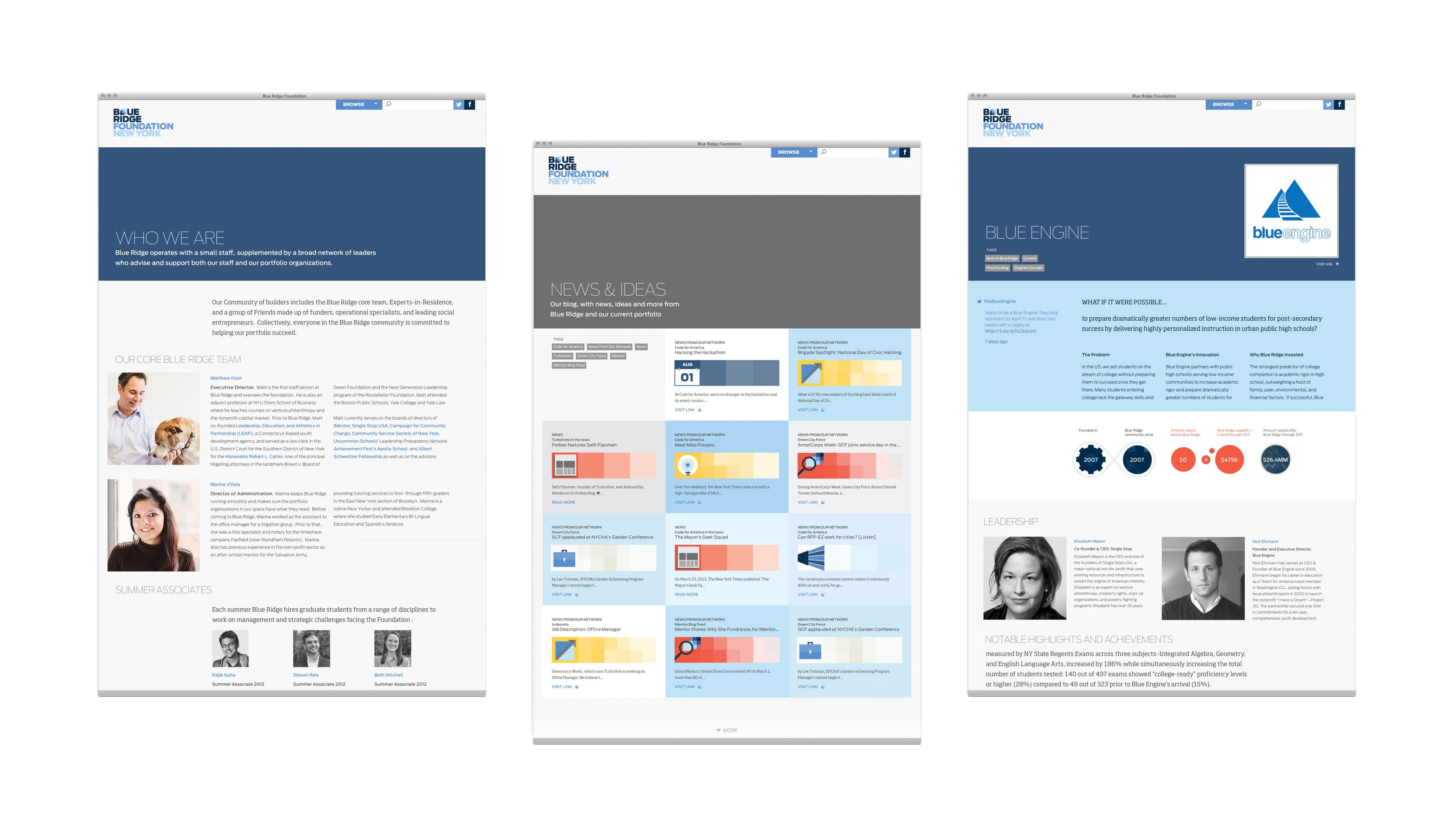 A composite image of three web pages from the Blue Engine collaborative website. The first page details the team, the second focuses on news and ideas with various articles, and the third provides information about Blue Engine itself, including mission and leadership.