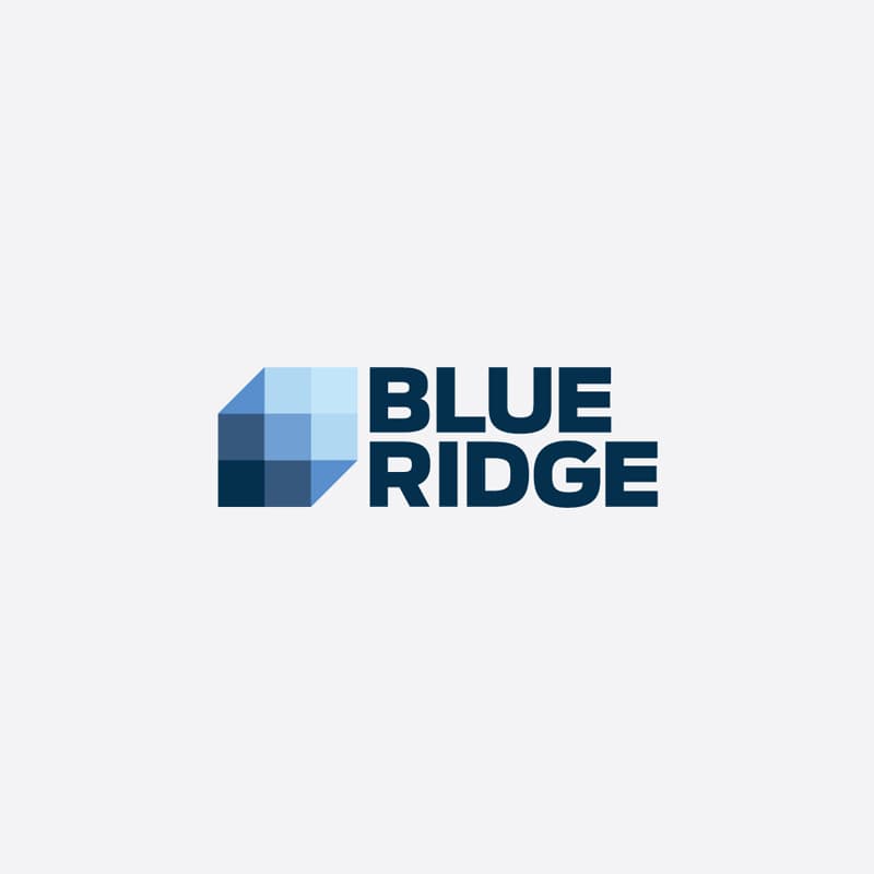 The image shows a logo featuring a geometric design of three overlapping blue squares on the left and the text "BLUE RIDGE" in bold, uppercase letters on the right. The squares transition from light blue to dark blue, creating a 3D effect.