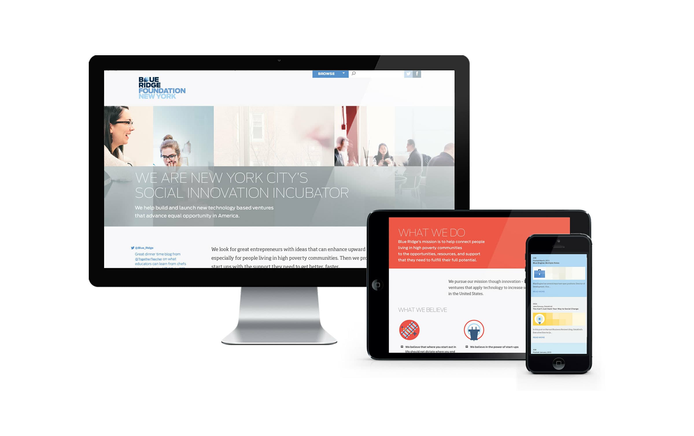 A computer monitor, tablet, and smartphone displaying a website for a New York City social innovation incubator. The website highlights their mission and services, featuring the Blue Ridge Foundation logo and images of people collaborating in a modern office.