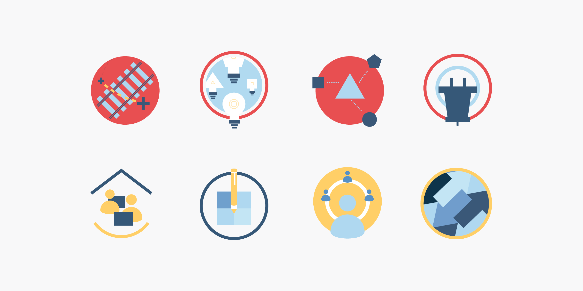 An image featuring eight flat design icons in a grid. The icons represent various concepts: mathematical operations, a lightbulb with gears, a triangle with shapes, an electrical plug, people under a roof, a pencil and ruler crossing, a person with connected nodes, and a globe with arrows.