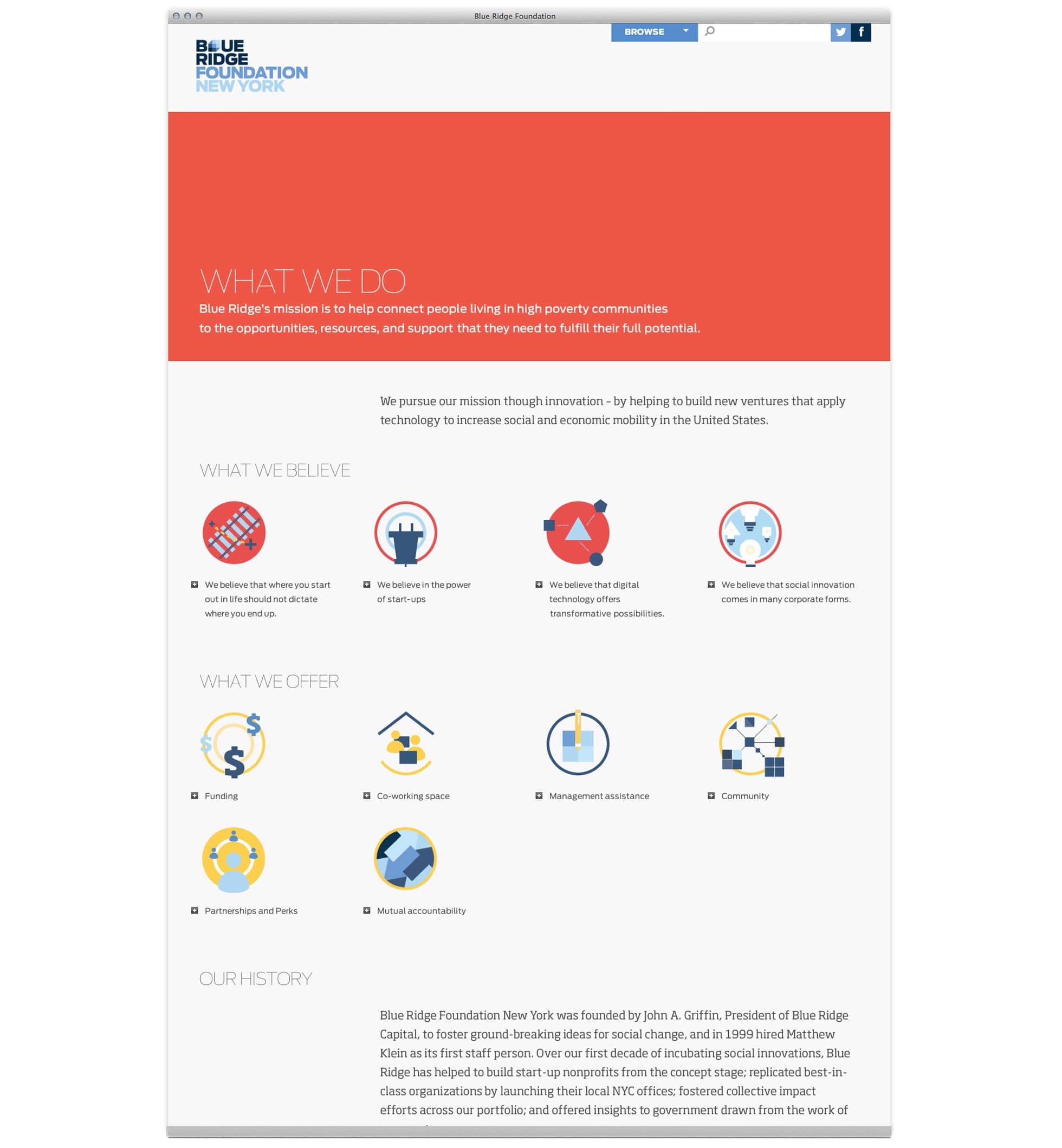 A webpage from the Blue Ridge Foundation New York. It outlines their mission of helping people in high poverty communities, lists their beliefs such as technological integration and community, and details their offerings in areas like coaching, funding, and workspace.