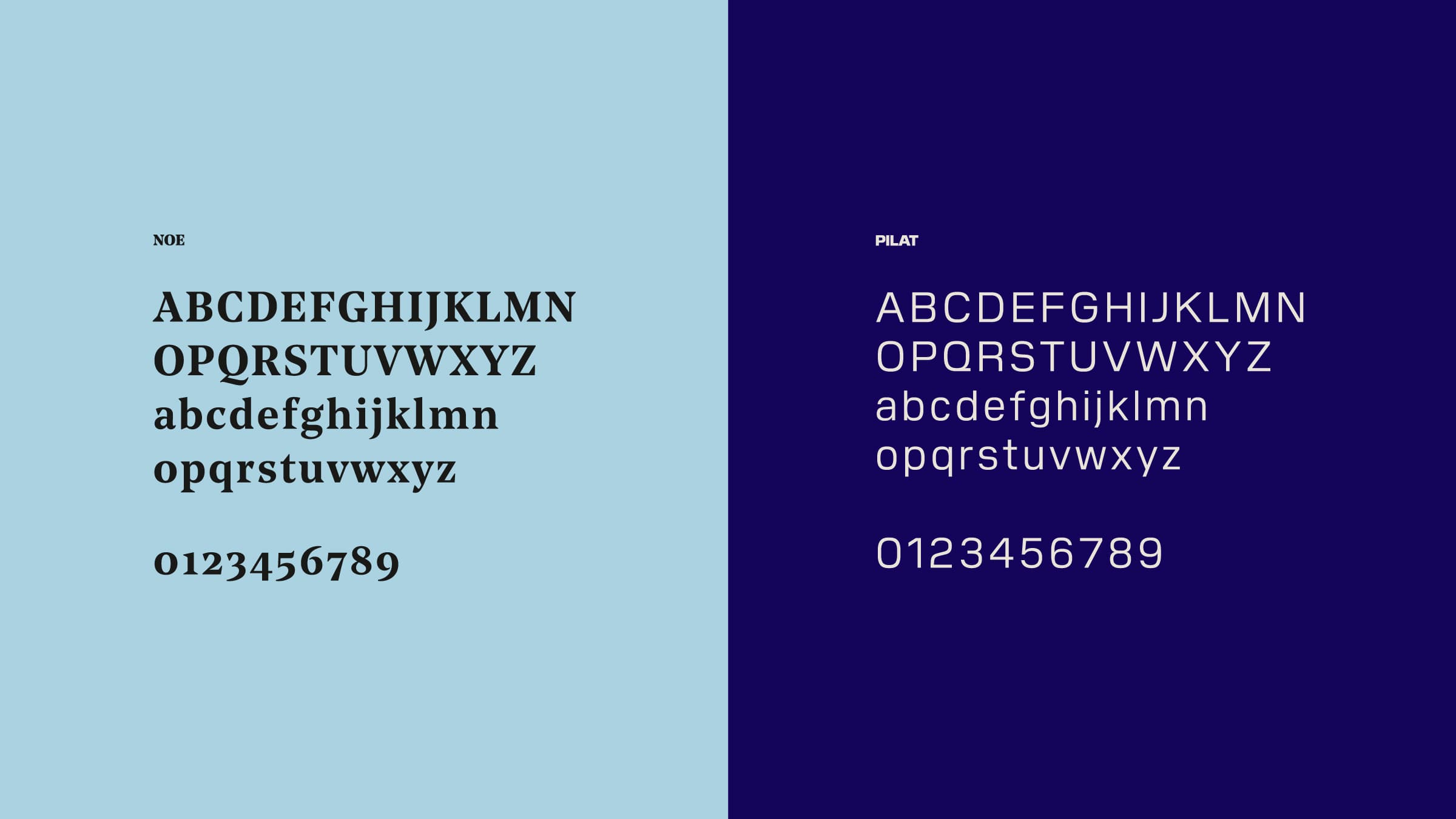 This image displays two font styles side by side. The left section, labeled "Noe," shows a serif font with uppercase and lowercase letters and numbers on a light blue background. The right section, labeled "Pilati," shows a sans-serif font with similar characters on a dark blue background.
