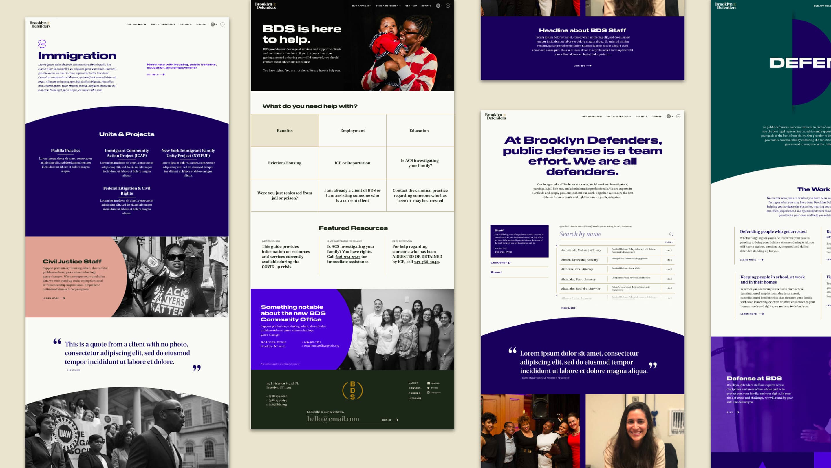 A collage of website layouts with text and images for Brooklyn Defenders. The sections include topics on immigration, advocacy, staff highlights, services, and testimonials. The color scheme is predominantly purple, white, and beige with various photos of people.