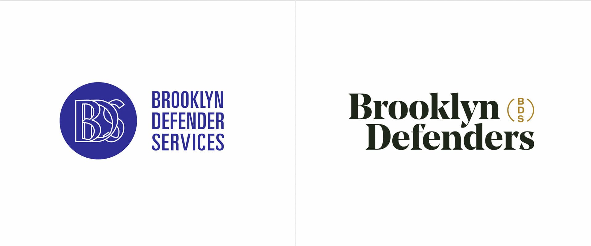 The image features two logos for Brooklyn Defender Services. The left logo has “BDS” on a purple circle and the text “Brooklyn Defender Services” in blue. The right logo has “Brooklyn Defenders” in black text with "BDS" in smaller gold text within the 'B' of "Brooklyn".