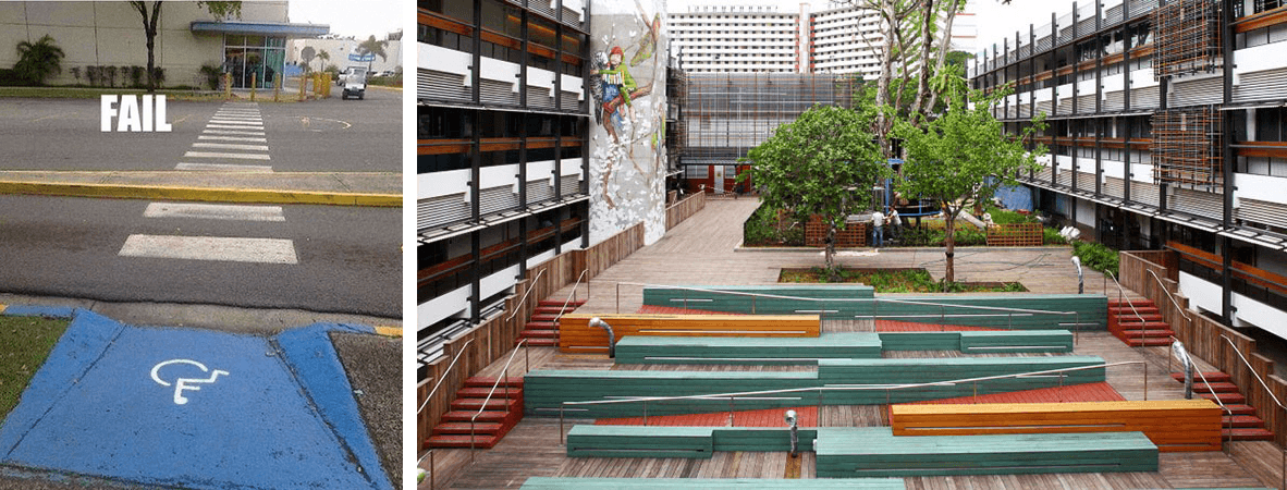 Left side: A humorous failed parking area with a wheelchair-accessible painting on a curb, making it inaccessible. The word "FAIL" is overlaid on the image. Right side: A modern courtyard with colorful benches, greenery, and tall buildings surrounding it.