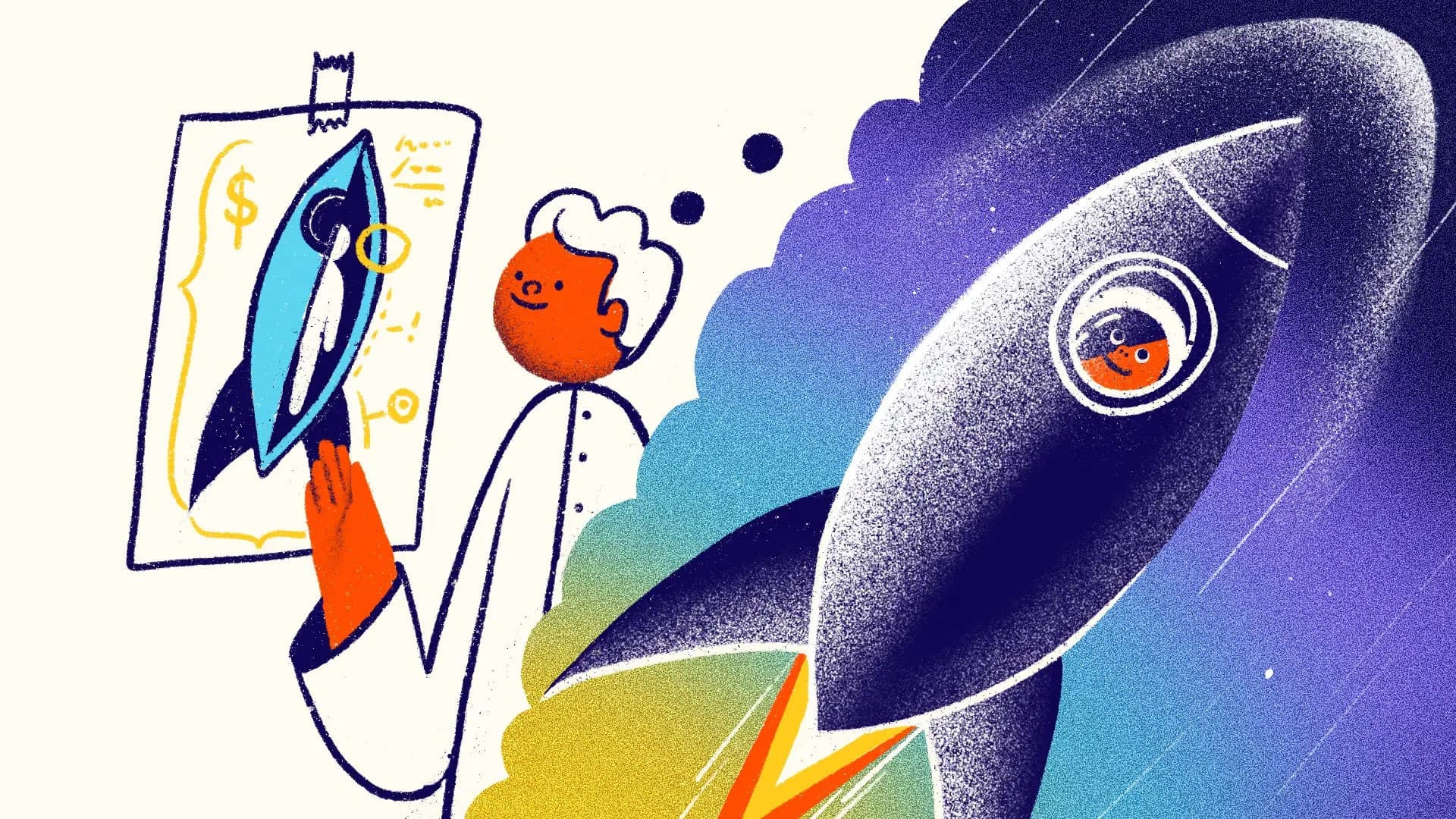 Illustration of a person in a lab coat holding a detailed drawing of a rocket while imagining or dreaming about traveling in a rocket, visualized by a large rocket with a person inside soaring through space. The background has a gradient from white to dark blue.