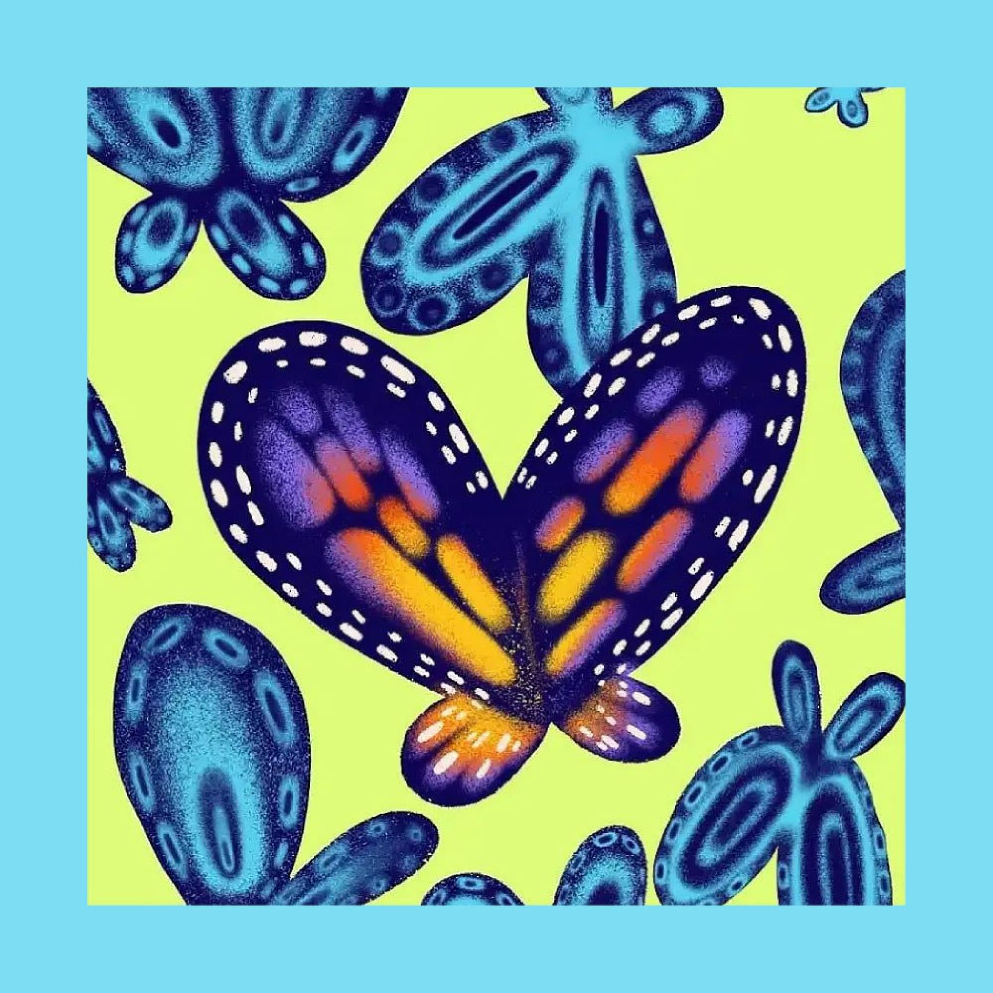Colorful illustration of stylized butterflies with blue, purple, and orange wings on a light yellow background. The butterflies are outlined with white dots and framed by a bright blue border.