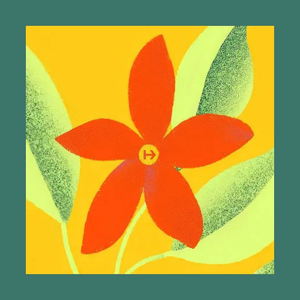 A bright red, five-petaled flower with green leaves on a vibrant yellow background, framed by a teal border. The flower's center features a small symbol resembling an "H" with an arrow.