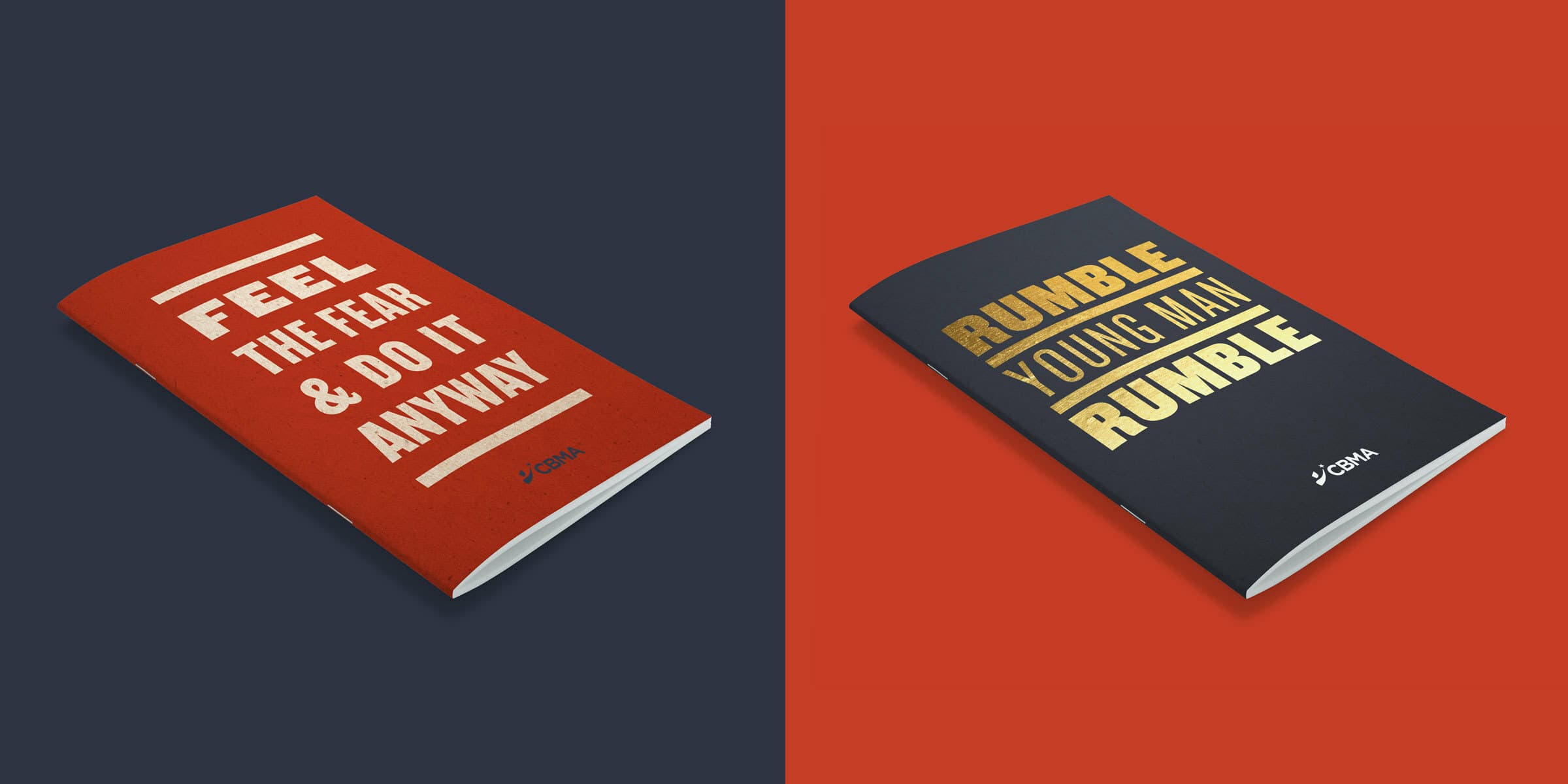 The image features two books. The left book has a red cover with the title "Feel the Fear & Do It Anyway." The right book has a dark blue cover with the title "Rumble Young Man Rumble." Both books are branded with the "COBA" logo at the bottom.