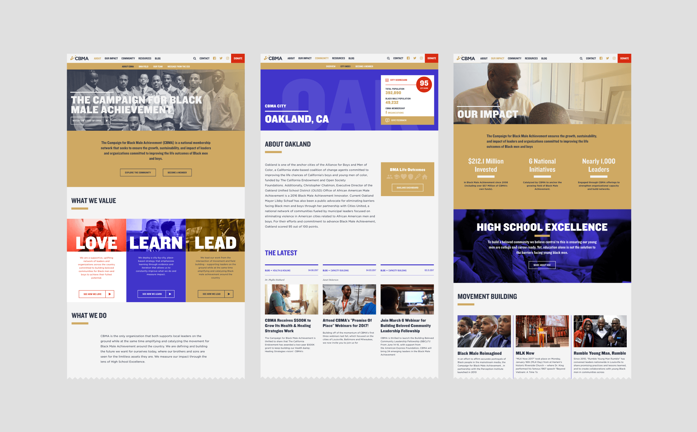 Screenshot of a website titled "The Campaign for Black Male Achievement." The layout features sections on values, recent news, about Oakland, and impact statistics. Prominent text sections read "LOVE, LEARN, LEAD," and "High School Excellence," among others.