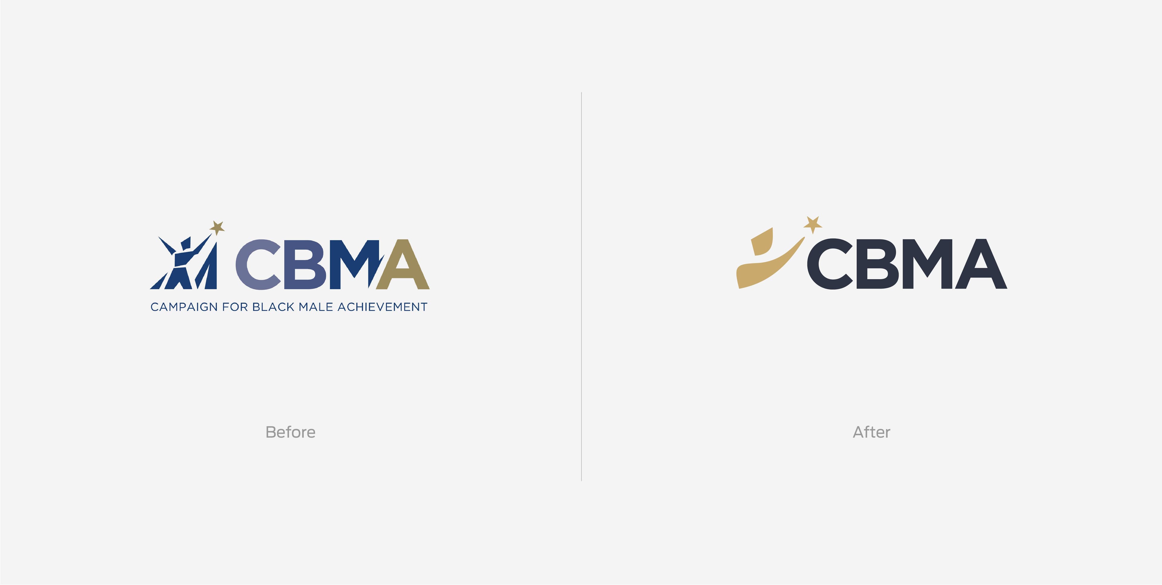 Two logos labeled "Before" and "After" for the Campaign for Black Male Achievement (CBMA). The "Before" logo includes a star with outstretched arms and text in blue; the "After" logo has a streamlined star and curve design in gold with text in dark blue.