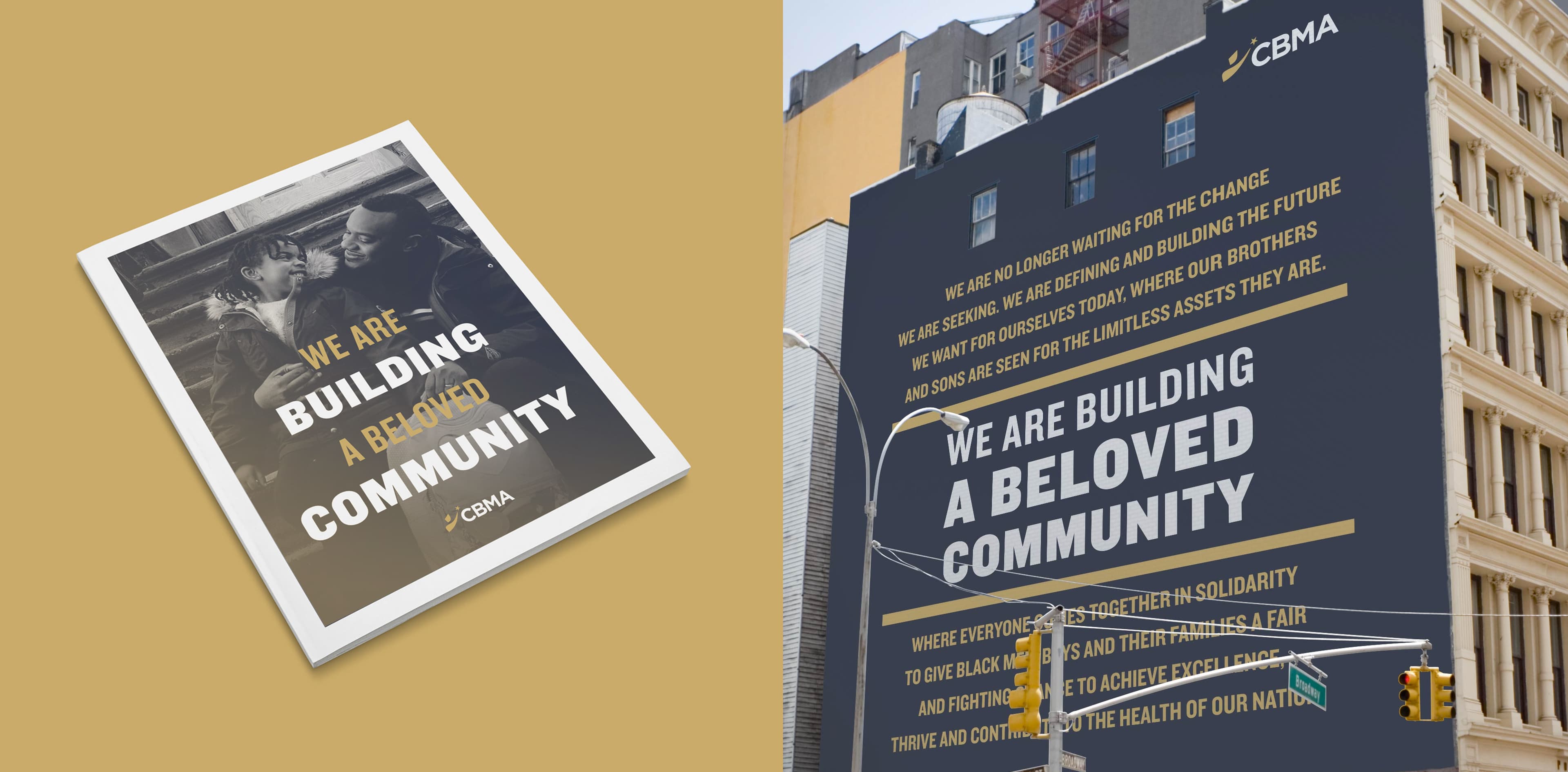 A booklet titled "We Are Building A Beloved Community" on the left and a large mural with the same message on a building on the right. The mural includes additional text about love, respect, and togetherness. Traffic lights and buildings are visible below the mural.