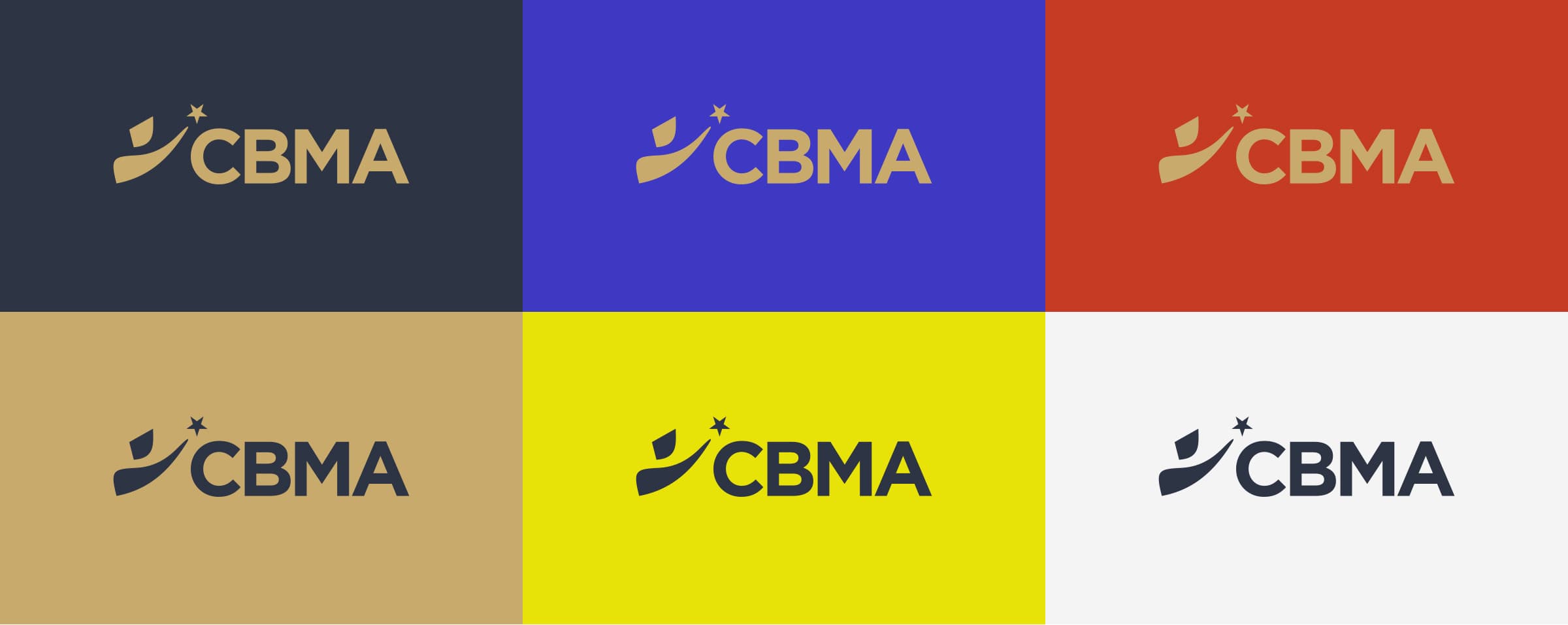 A grid of six square blocks shows variations of the "CBMA" logo with a stylized star and a swoosh. The logos appear in different color combinations: gold on navy, gold on blue, gold on red, navy on gold, navy on yellow, and navy on white.