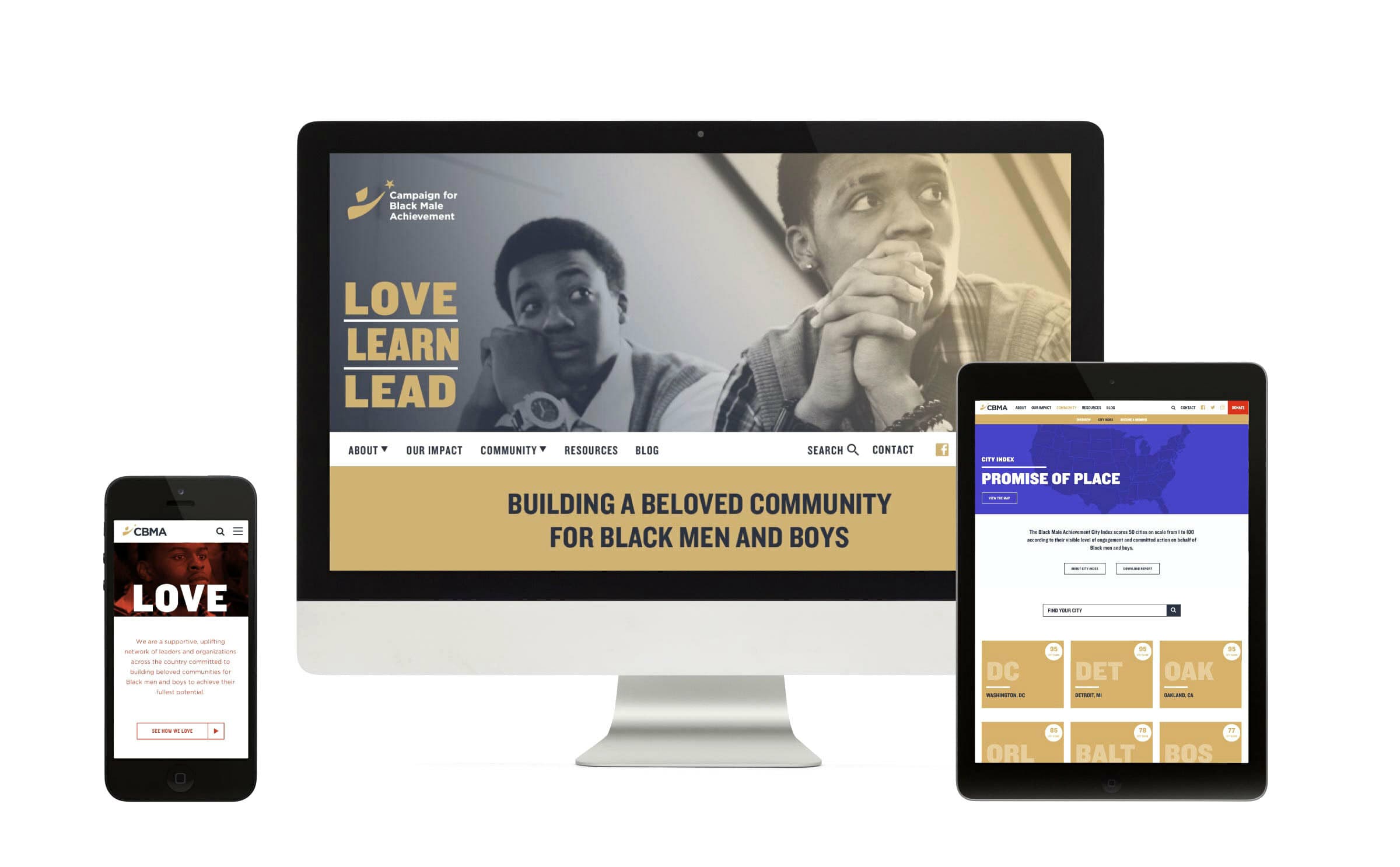 An image displaying the website of the Campaign for Black Male Achievement on three devices: a smartphone, a desktop monitor, and a tablet. The website features themes of "Love, Learn, Lead" and aims to build a community for Black men and boys.