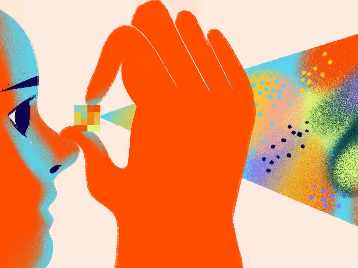 Illustration of a person holding a small pixelated cube close to their eye with one hand. The cube emits a colorful, multifaceted beam of light. The person's profile is blue and contrasts with the vibrant orange color of their hand and the bright, colorful beam.