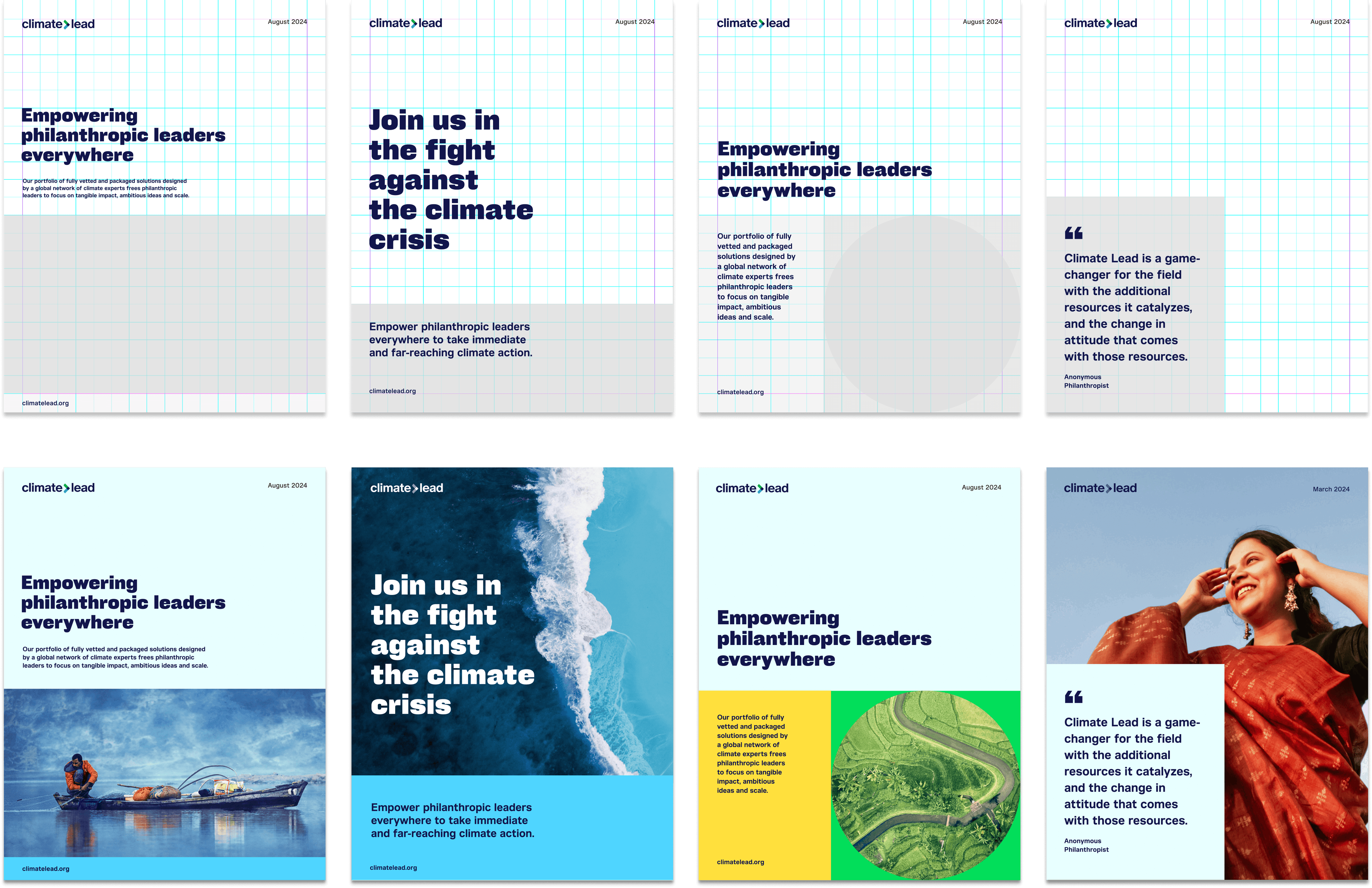 A series of eight posters highlights the mission of Climate+Lead, featuring various backgrounds including grids, nature scenes, and a smiling person with a scarf. The posters include text encouraging philanthropic leaders to combat the climate crisis.