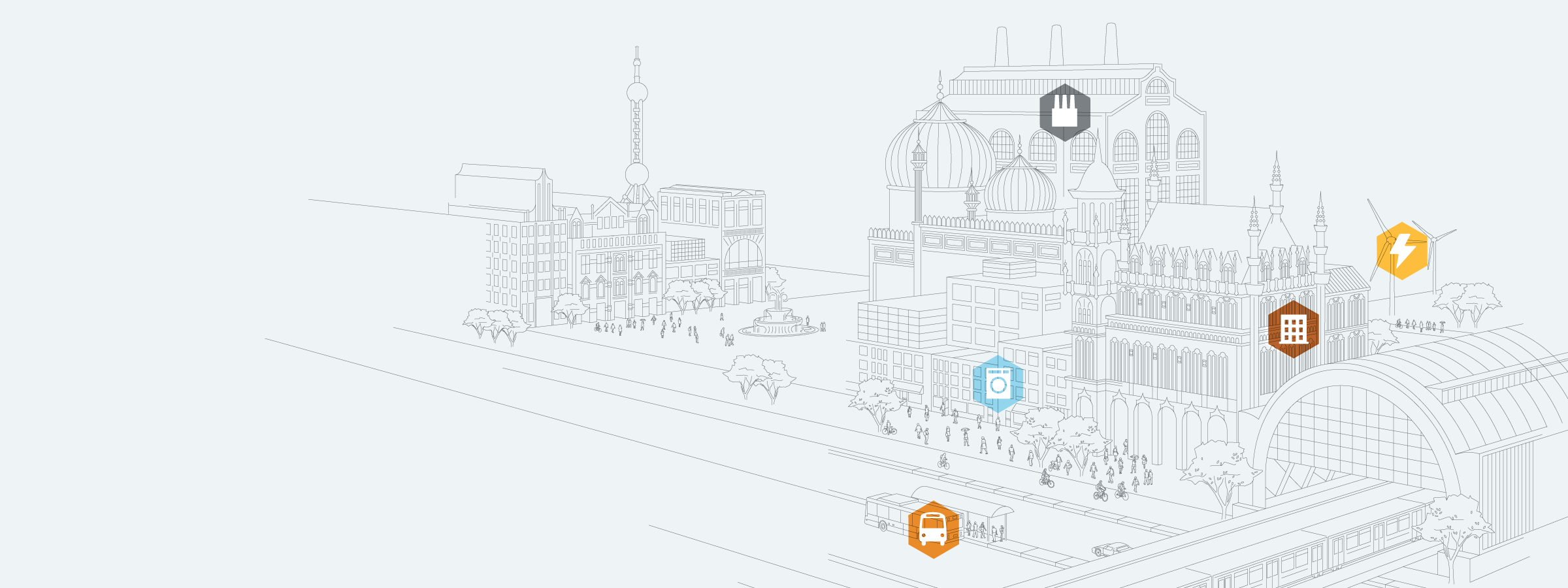 A grayscale cityscape illustration featuring various buildings and structures, including public transport, a monument, and a power station. Hexagonal icons overlay the image, symbolizing different amenities such as water, electricity, transportation, housing, and facilities.
