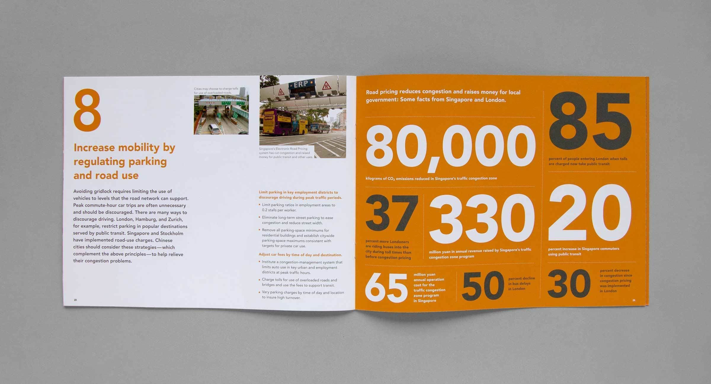 A two-page spread focuses on increasing mobility by regulating parking and road use. The left page includes text and images of parking lots. The right page has bold orange and black sections with large numerical statistics related to road pricing and mobility in cities.