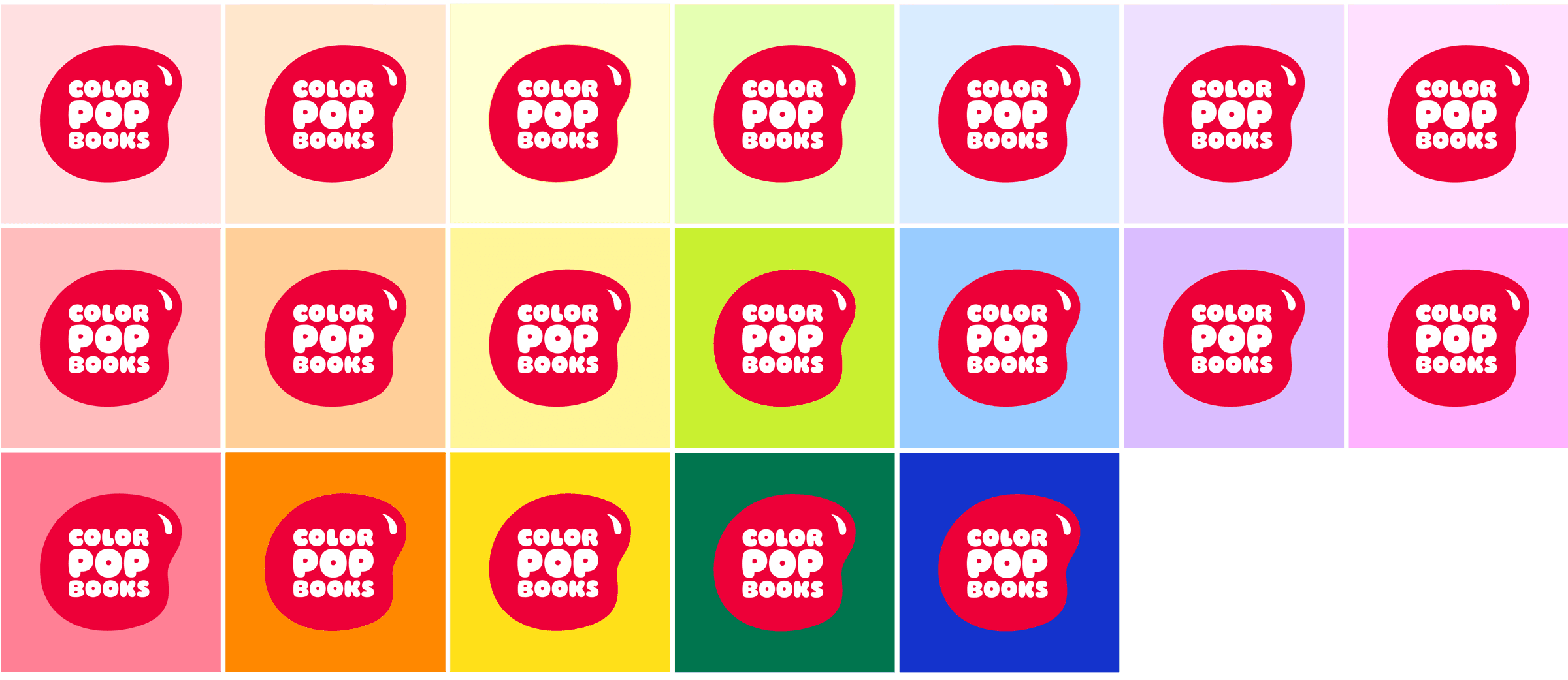 A grid of 20 squares, each showcasing a colorful background with a red circle in the center. Inside each red circle, the text "COLOR POP BOOKS" is written in white. The background colors include shades of pink, yellow, green, blue, and purple.