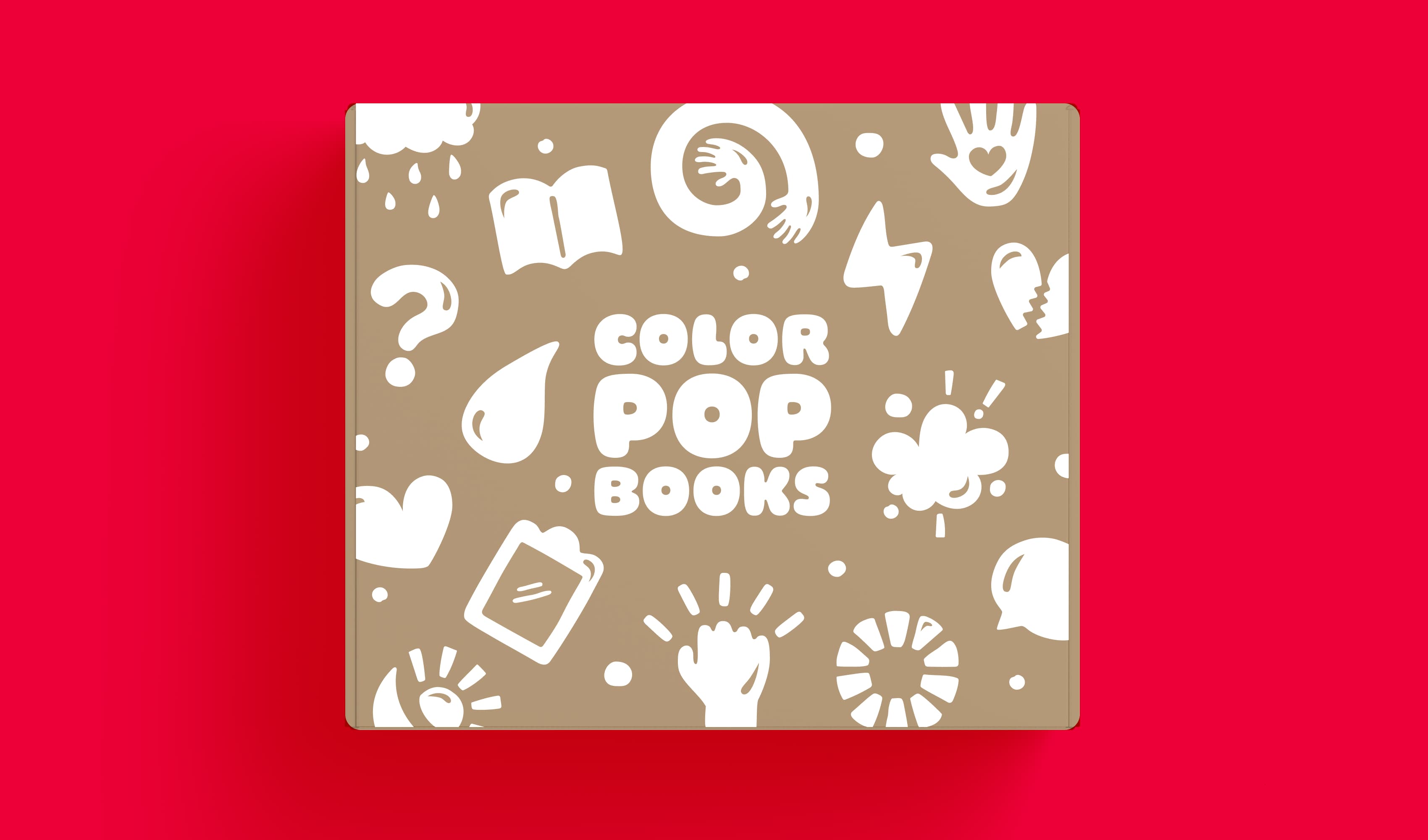 A rectangular book cover titled "Color Pop Books" on a red background. The cover is brown with white illustrations, including a book, cloud, question mark, foot, hand, and other abstract shapes. The illustrations surround the title in a playful pattern.