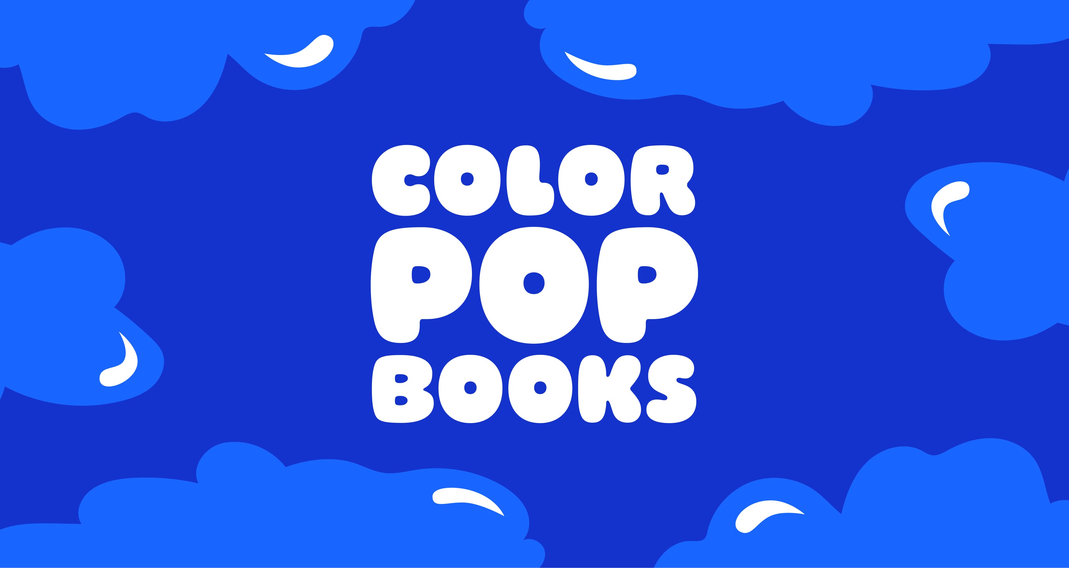Bright blue background with stylized cloud shapes featuring the bold white text "COLOR POP BOOKS" in the center. The text is in a playful, rounded font.