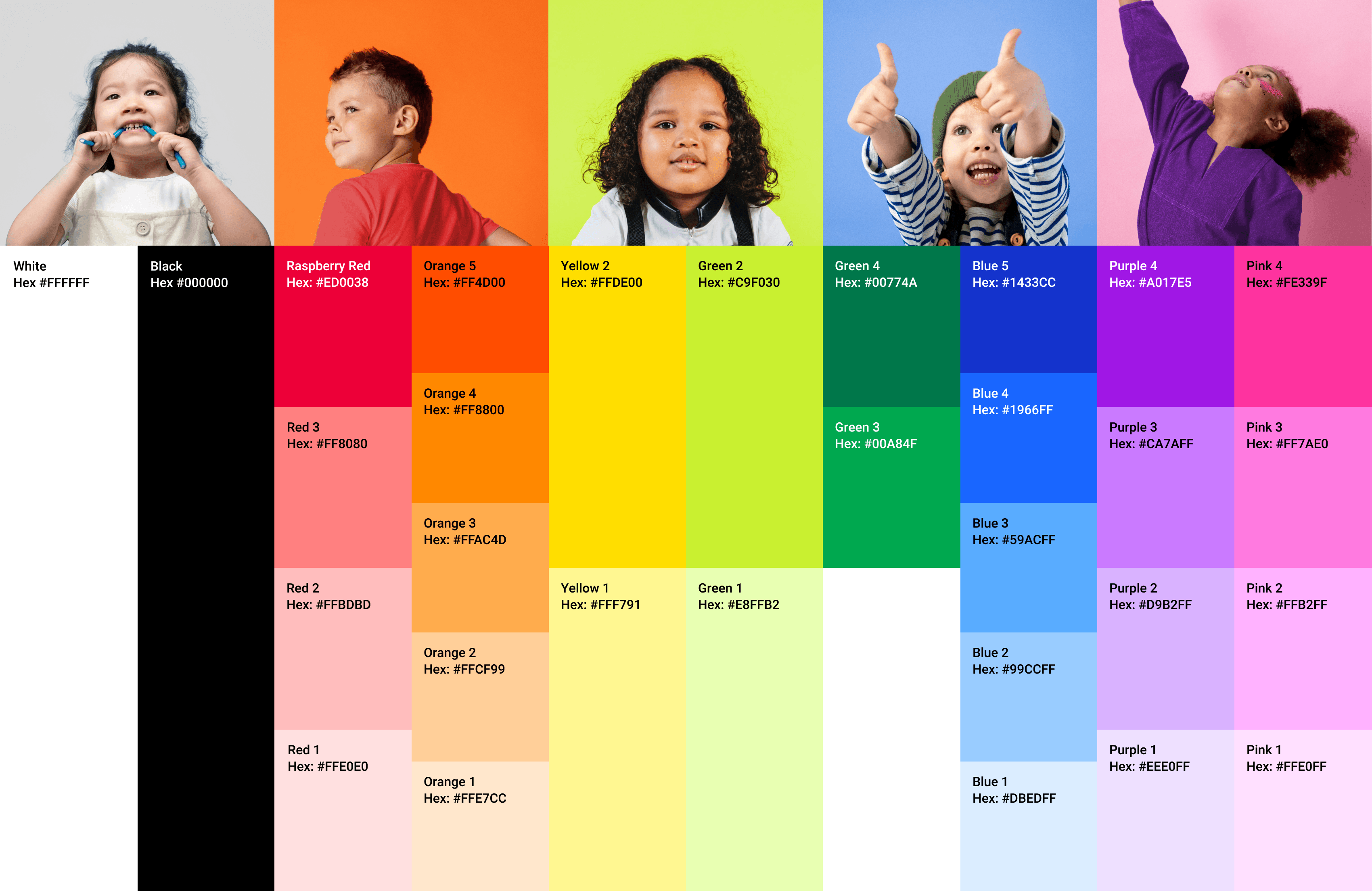 A colorful chart with images of kids at the top, showing various emotions. Underneath, color swatches are displayed with corresponding hex codes. Colors range from white, black, and various shades of red, orange, yellow, green, blue, purple, and pink.