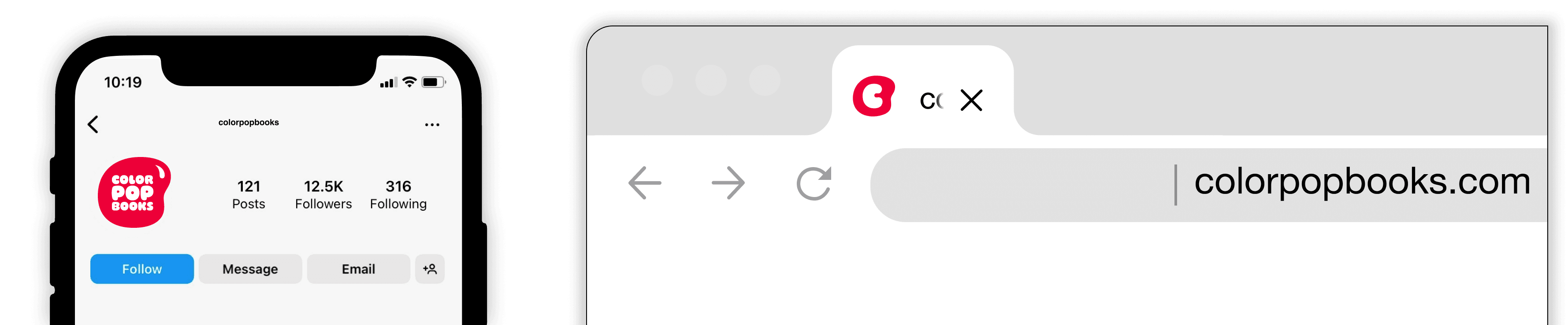 A smartphone screen shows the Instagram profile of Color Pop Books' official account, with options to follow, message, and email. Next to it, a browser window displays the URL colorpopbooks.com, with the Apple Safari browser interface visible.
