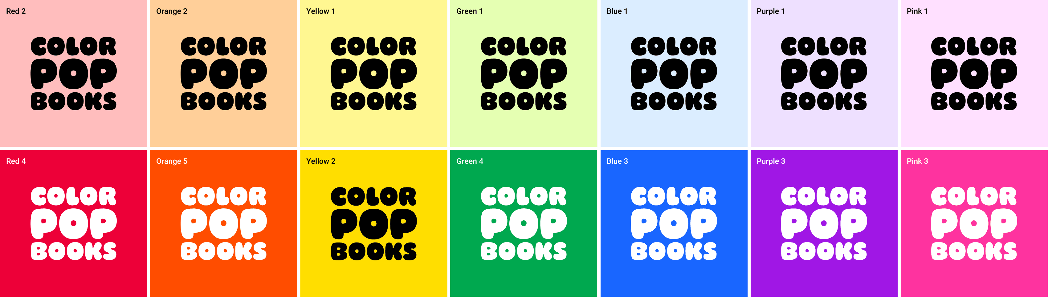 A colorful grid with book covers from Color Pop Books, featuring 12 different bright colors: Red 1, Orange 1, Yellow 1, Green 1, Blue 1, Purple 1, Pink 1, Red 4, Orange 5, Yellow 2, Green 4, Blue 3, Purple 3, and Pink 3.