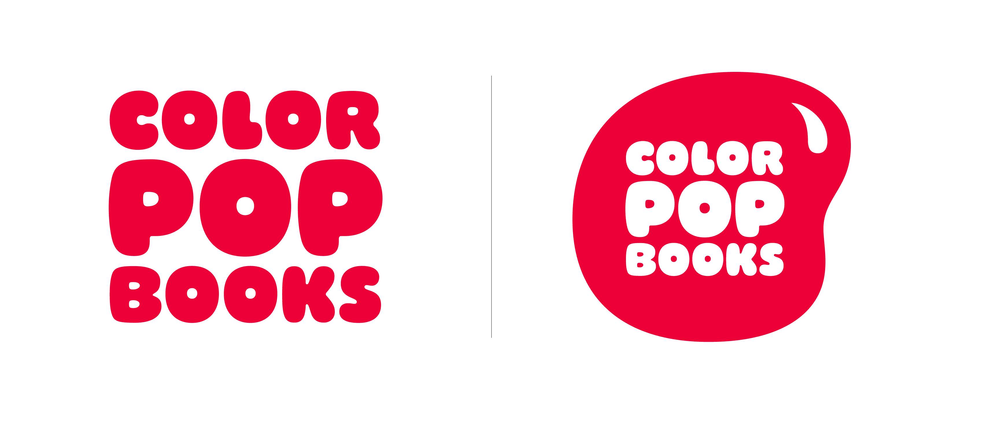 Two logos for "Color Pop Books" are displayed. Both use bold, rounded red text. On the right, the text is within a red blob-like shape. On the left, the text is without any additional shapes. Both logos are set against a black background.