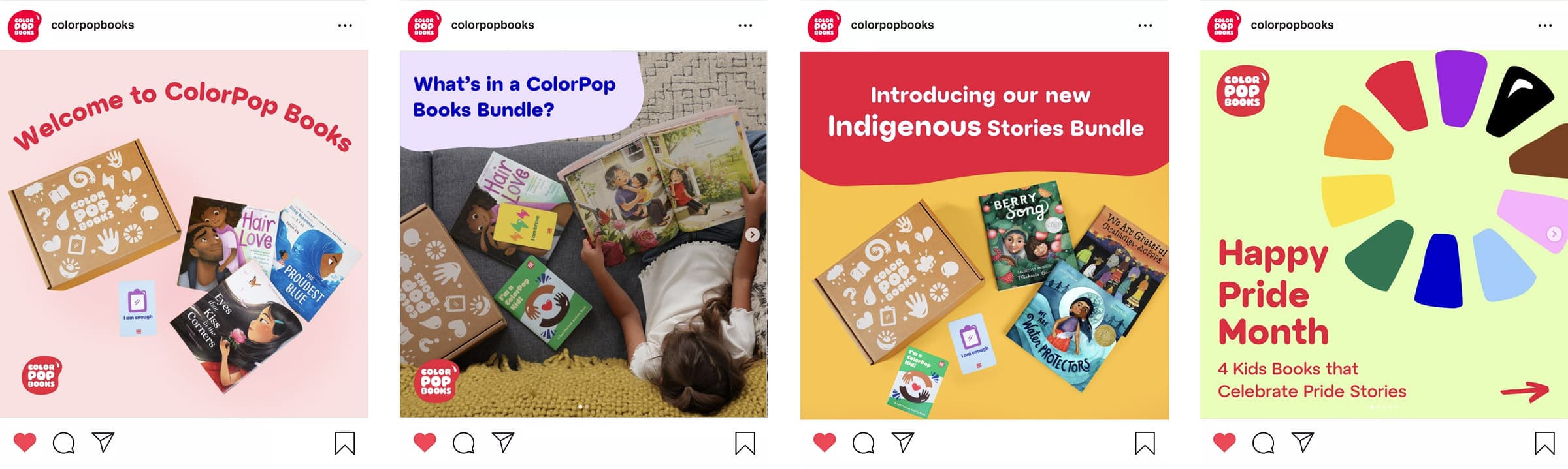 A series of Instagram posts by ColorPop Books. The first image welcomes users, the second shows a child with a book bundle, the third introduces Indigenous Stories Bundle, and the fourth celebrates Pride Month with text, "4 Kids Books that Celebrate Pride Stories.