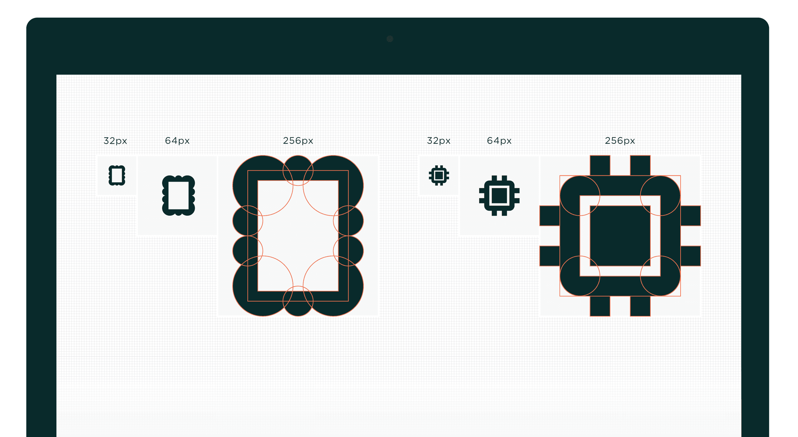 A computer screen displaying a design layout with various configurations of a rectangular shape at different sizes, labeled from left to right as 32px, 64px, and 256px, each illustrating different design elements and structures within the shapes. The background is green.