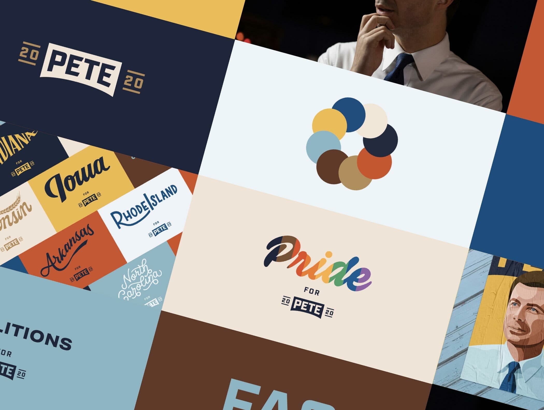 A collage featuring various campaign designs and logos. Prominent elements include the word "Pete" multiple times, a man adjusting his tie, a multicolored circular graphic, and the word "Pride" in rainbow colors. US state names like Iowa, Rhode Island, and Arkansas are visible.